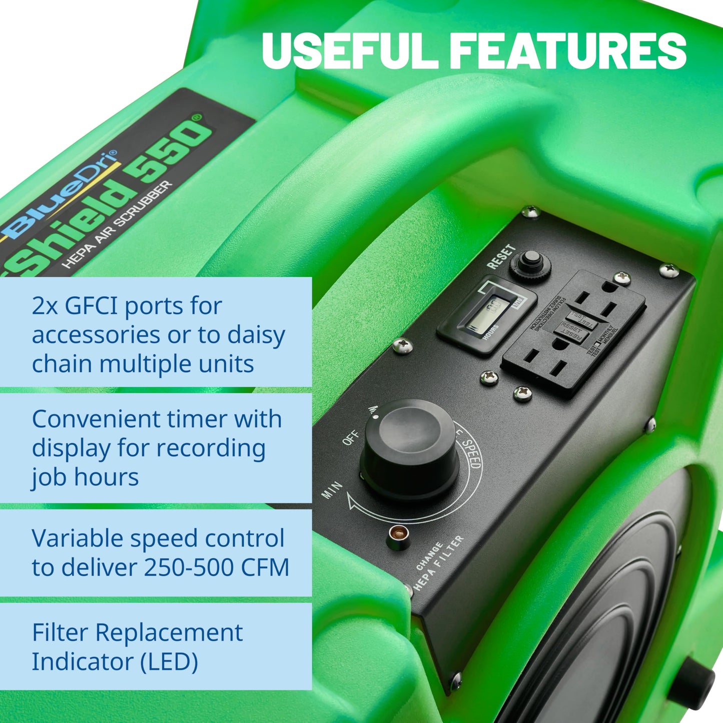 BlueDri Air Shield 550 HEPA Air Scrubber, Water Damage Restoration Equipment Air Purifier, Covers 1400 Sq. Ft, Daisy Chain Capable, For Commercial Use, Green, BD-AS-550