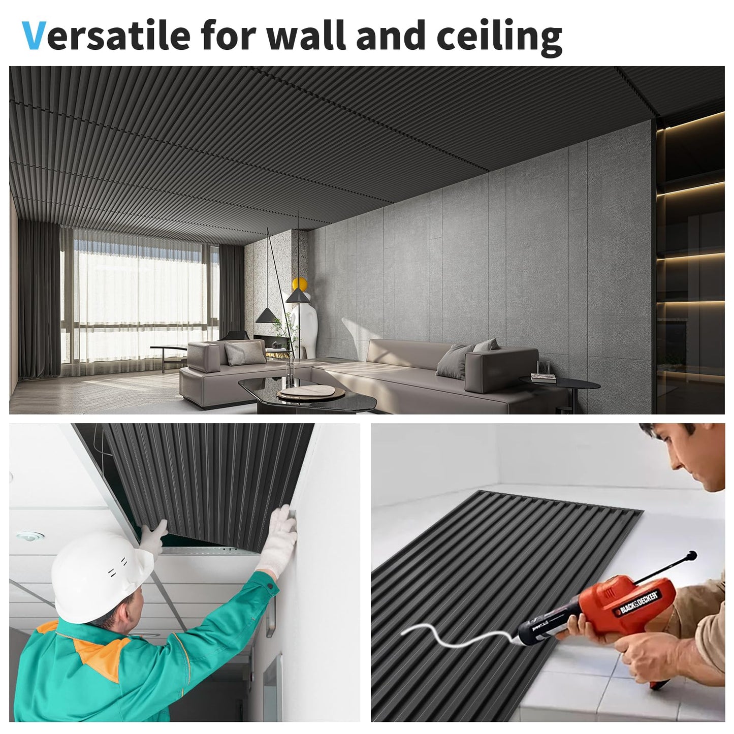 Art3d 12-Pack Slat Design 3D Wall Panels for Interior Wall Decor, 2x4 FT PVC Decorative Drop Ceiling Tiles - Black