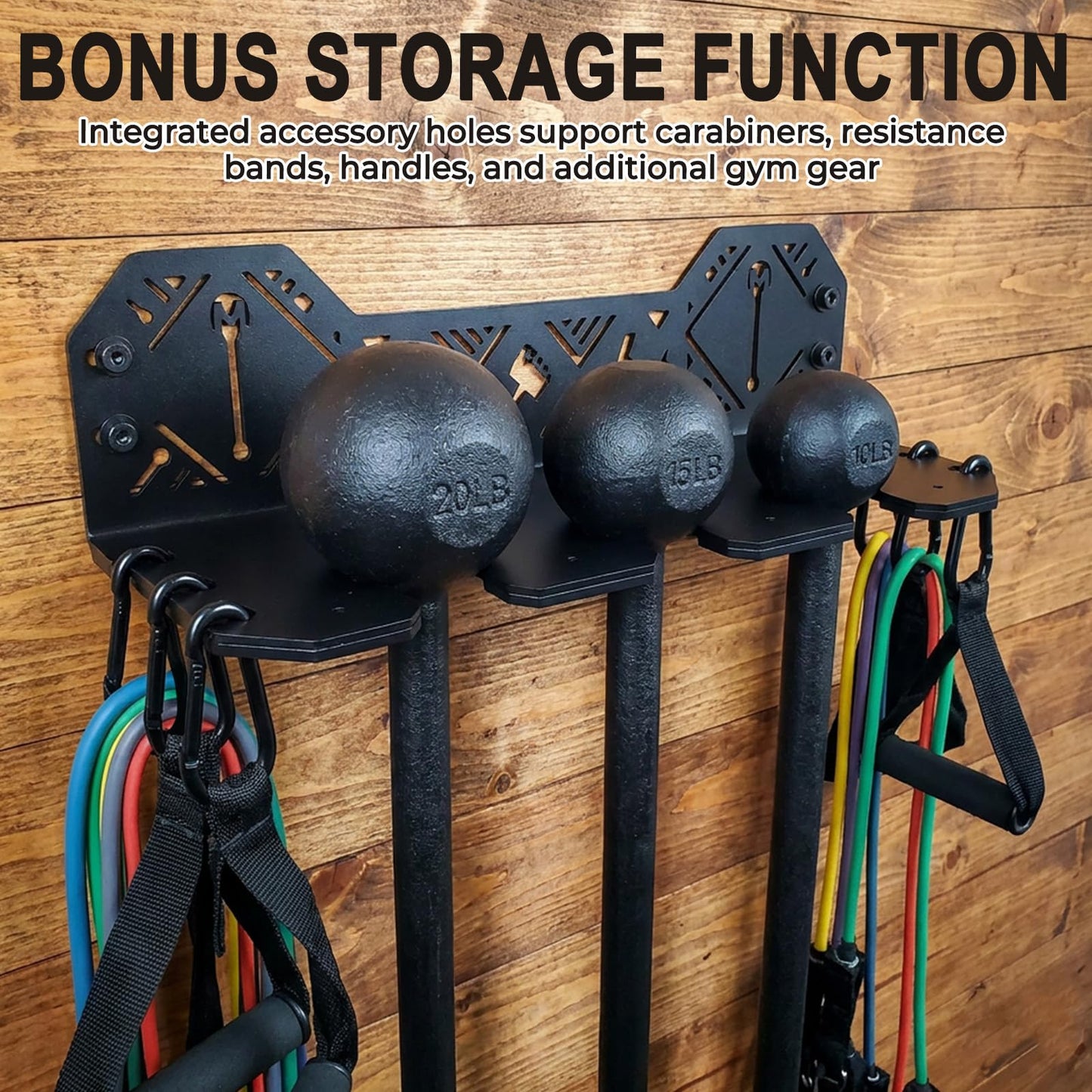 Macebell Storage Rack | Heavy-Duty Wall Mount Holder, 5.75mm Solid Thick Steel for 3 Sizes Mace Bells & Indian Clubs, UHMW Protective Padding with Complete Multi-Surface Mount Hardware