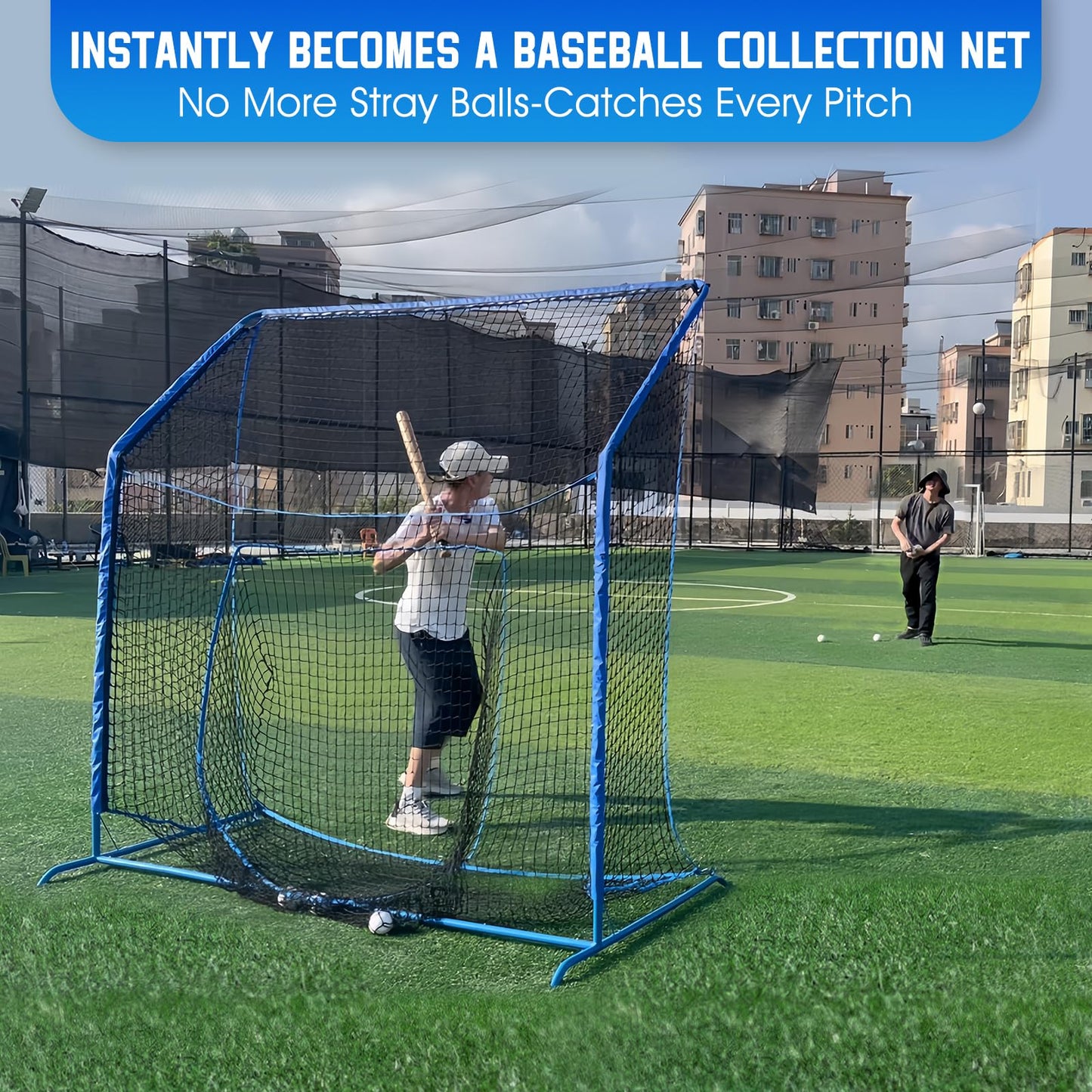Baseball Softball Net with Blocking System, 7x7FT Practice Cage for Batting/Pitching/Fielding, Metal Frame with Elevated Base and Storage Bag for Backyard Outdoor Indoor