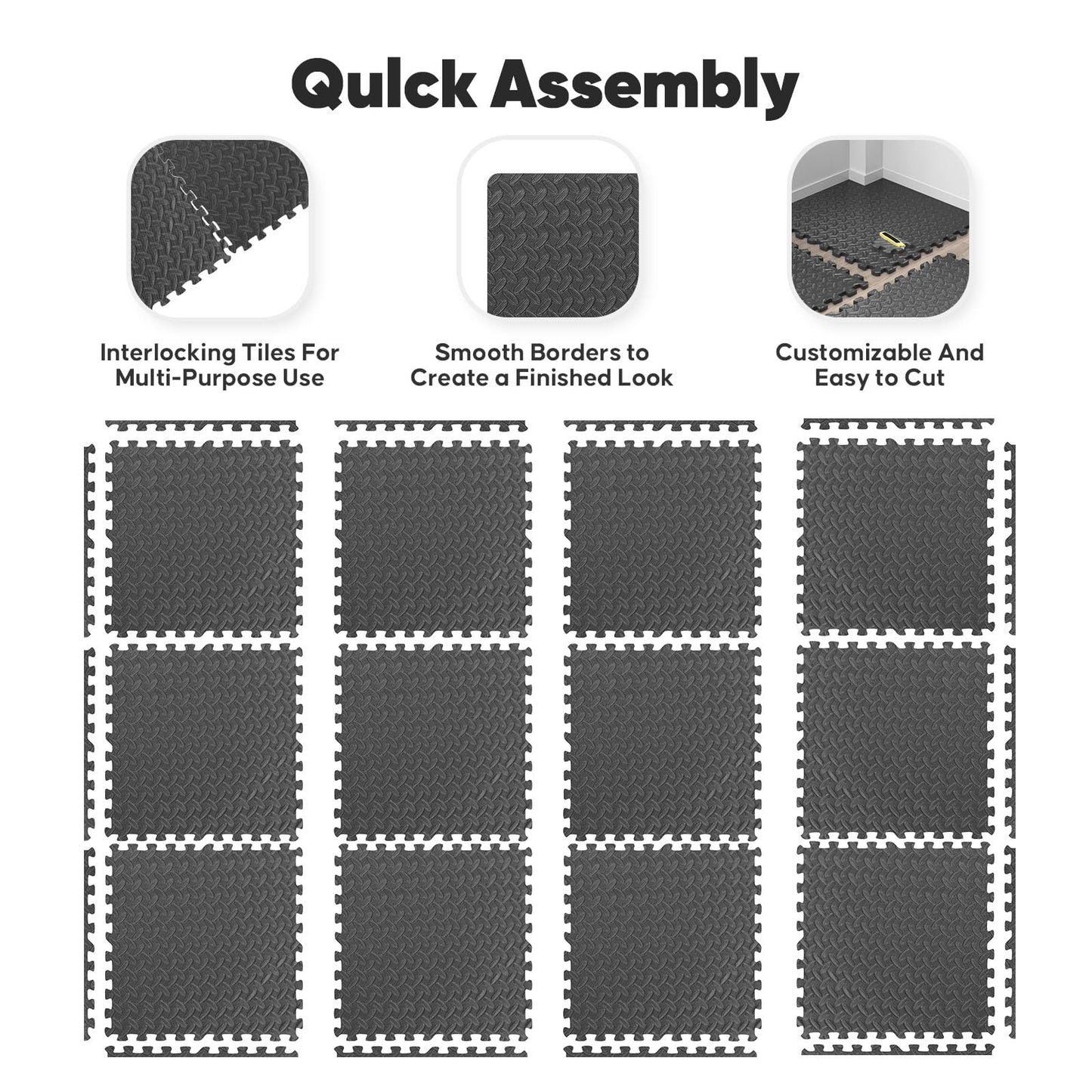 Home Gym Mat, Puzzle Exercise Mat, EVA Interlocking Foam Floor Tiles for Home Workout Equipment and Kids' Play Areas - Black, 24 in x 24 in x ½ in - 12 Tiles (Black, 12 Pack, 48 SQ FT)