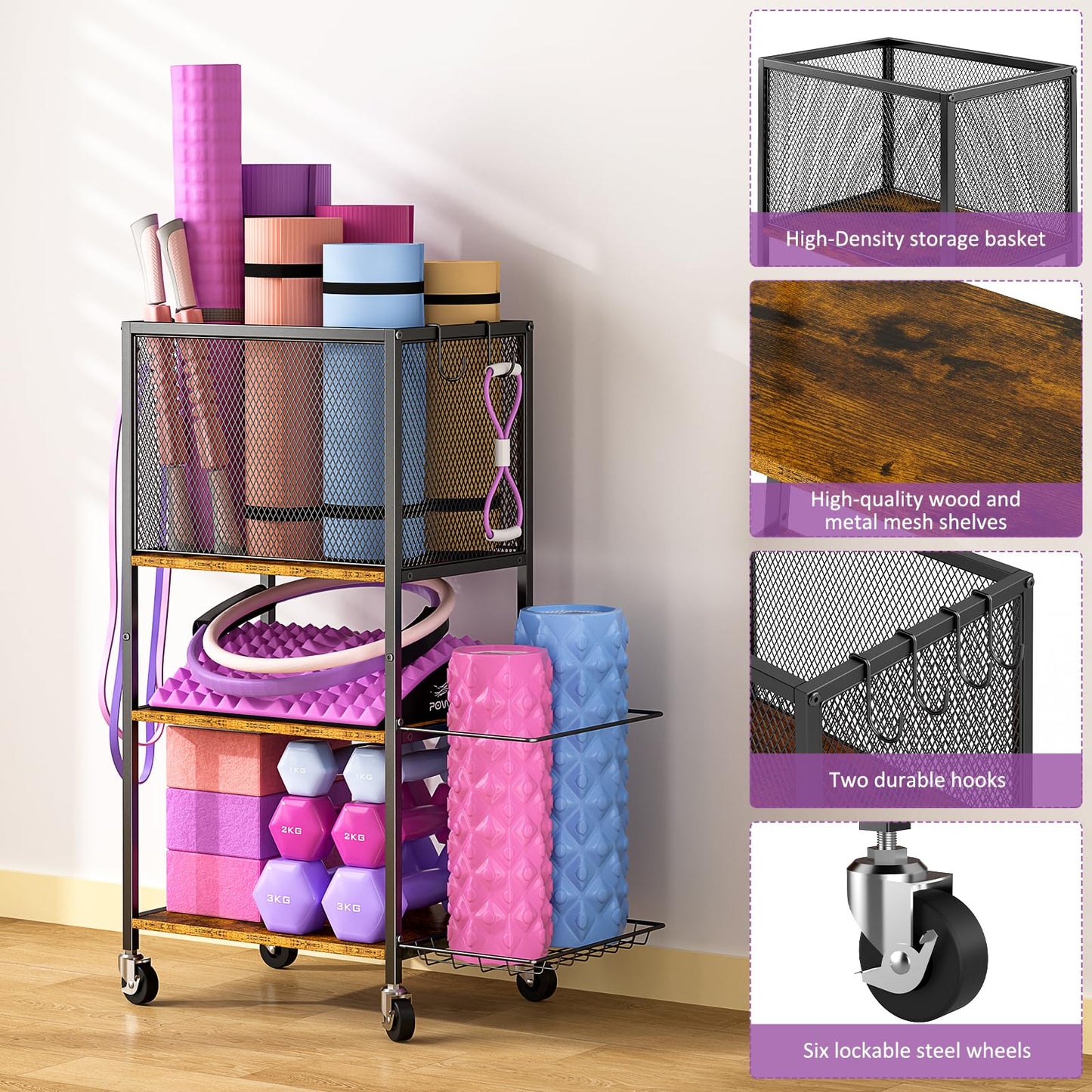 3 Tier Dumbbell Rack, Yoga Mat Storage Holder, Home Gym Storage Rack, Workout Equipment Storage Organizer, Weight Storage Holder Rack with Hooks and Wheels