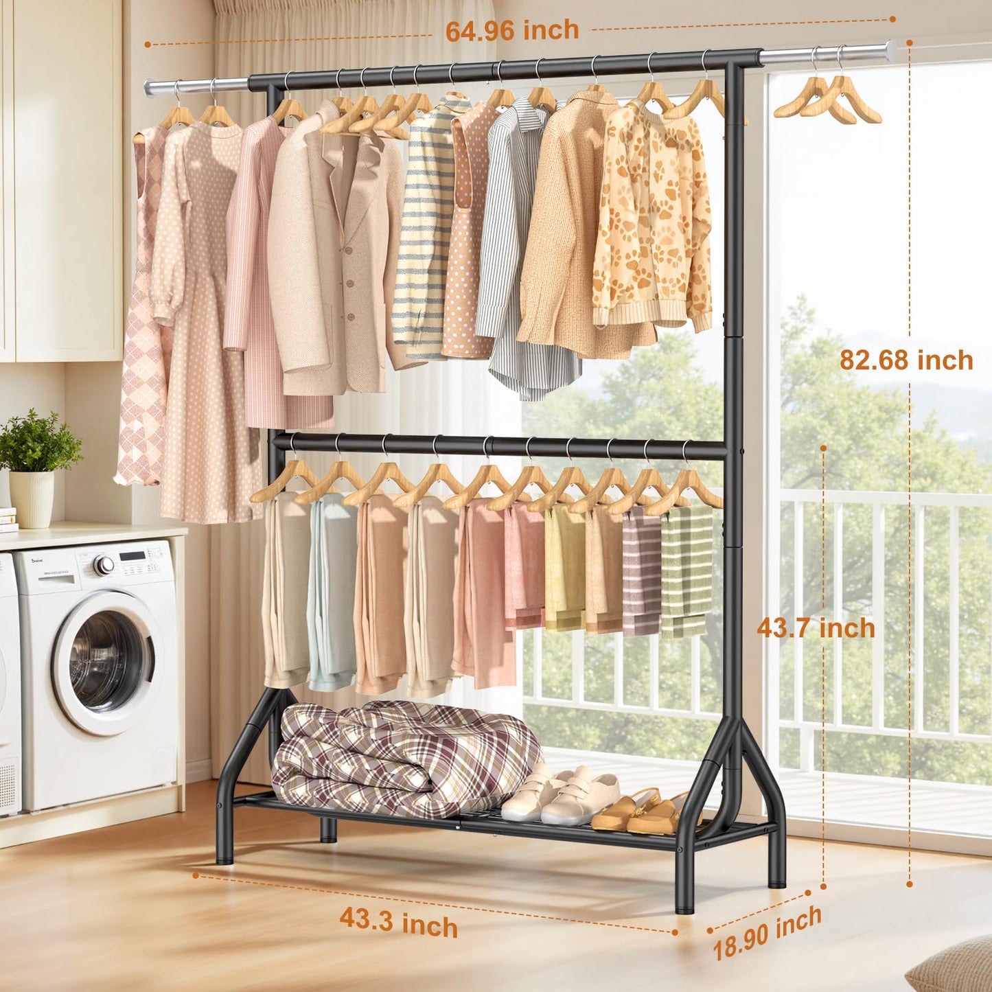 EAGMAK Double Rod Clothing Rack Load 622 LBS, Heavy Duty Clothes Rack for Hanging Clothes, 82.68 inch High Garment Rack with Sotrage Shelves, Metal Clothing Hanger Closet Wardrobe Organizer (Black)