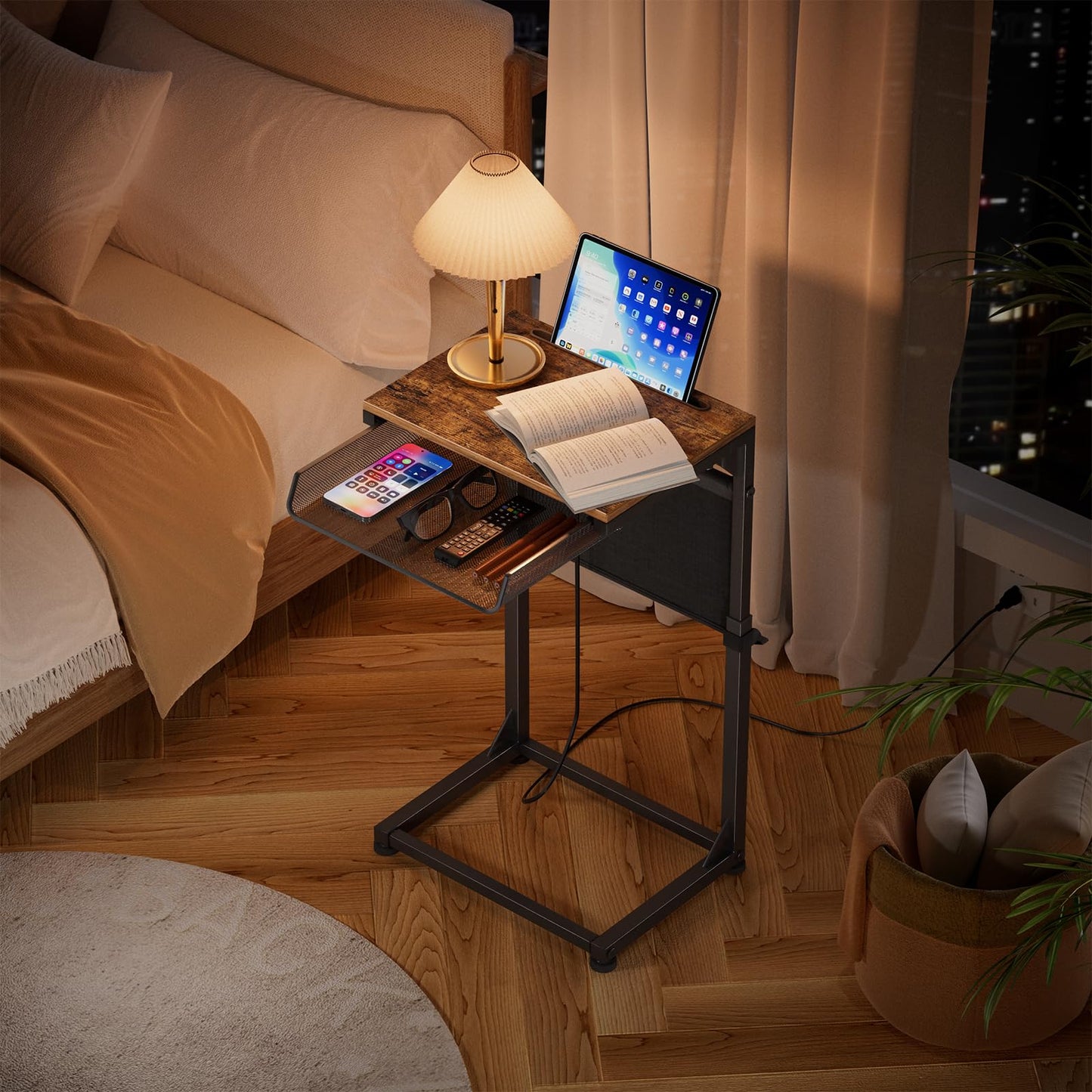Simple Trending C Shaped End Table with Charging Station, Side Table Adjustable Height, Sofa Couch Table TV Tray with Storage Bag for Living Room, Rustic Brown