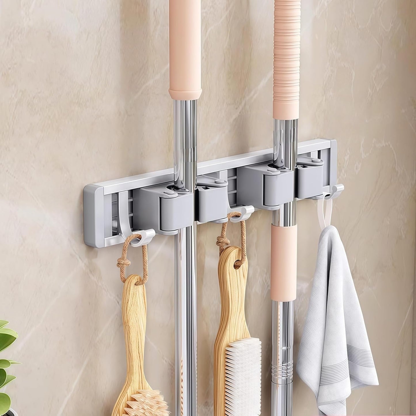 Skiennix Mop and Broom Holder - Adjustable Wall Mount Tool Organizer Rack with Sliding Hooks | Heavy Duty, Drill-Free Storage for Kitchen, Garage & Laundry Room