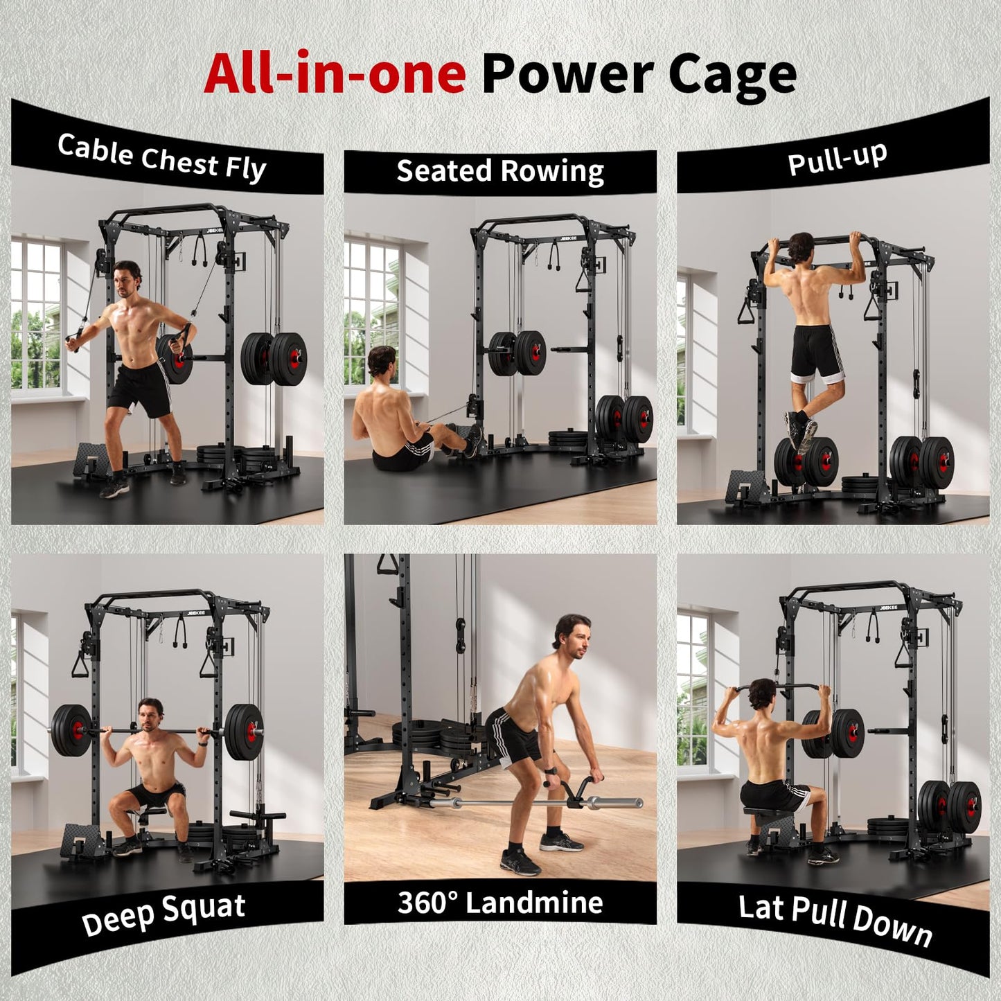 JEEKEE Power Cage with Cable Crossover System, 2000LB Multi-Function Power Rack with Independent Dual Pulleys, LAT Pulldown Seat Cushion, 20+ Attachments Squat Rack for Home Gym Workout,Black