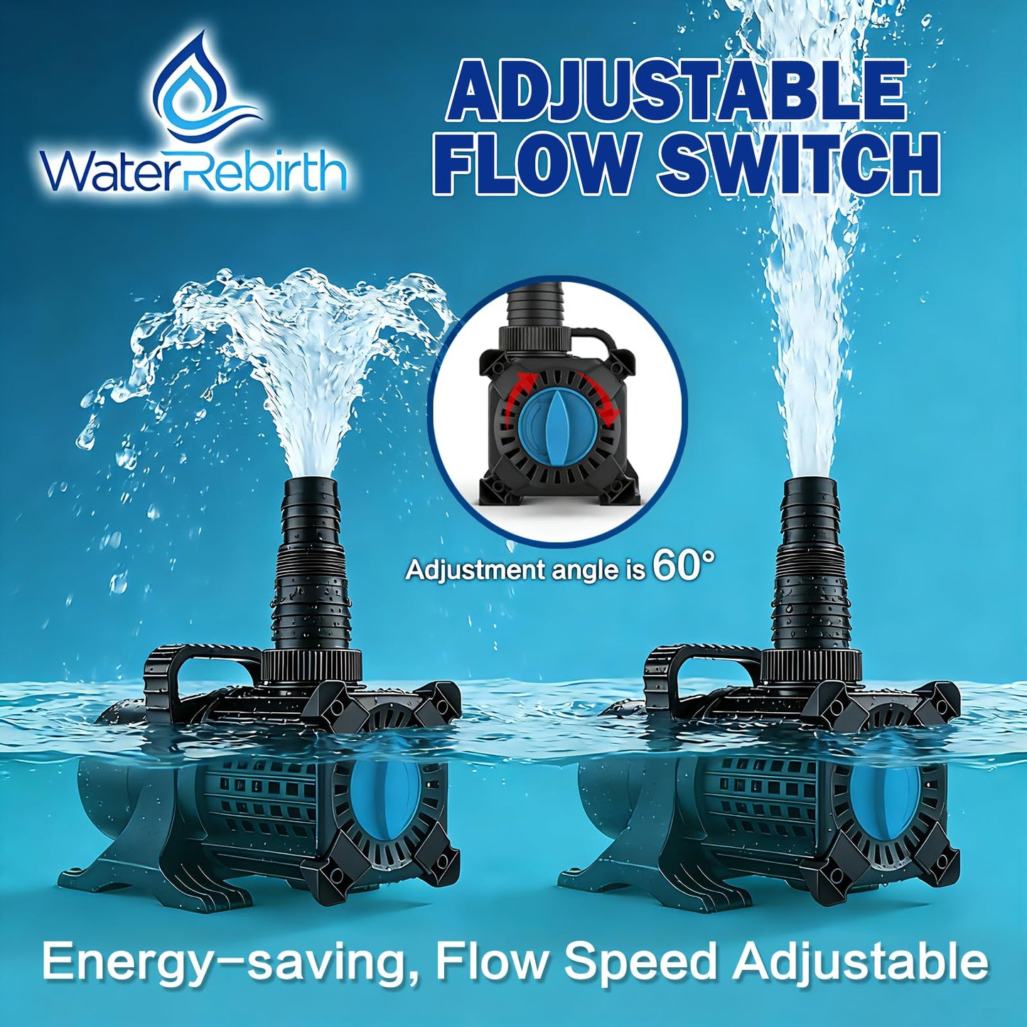 WaterRebirth PSA5100 High Flow Freshwater Pond Pump, 5500GPH 325W Submersible or External Water Pump, 18.7ft Max Lift, Ultra Quiet Waterfall Pump with 5-Position Adjustable Outlet
