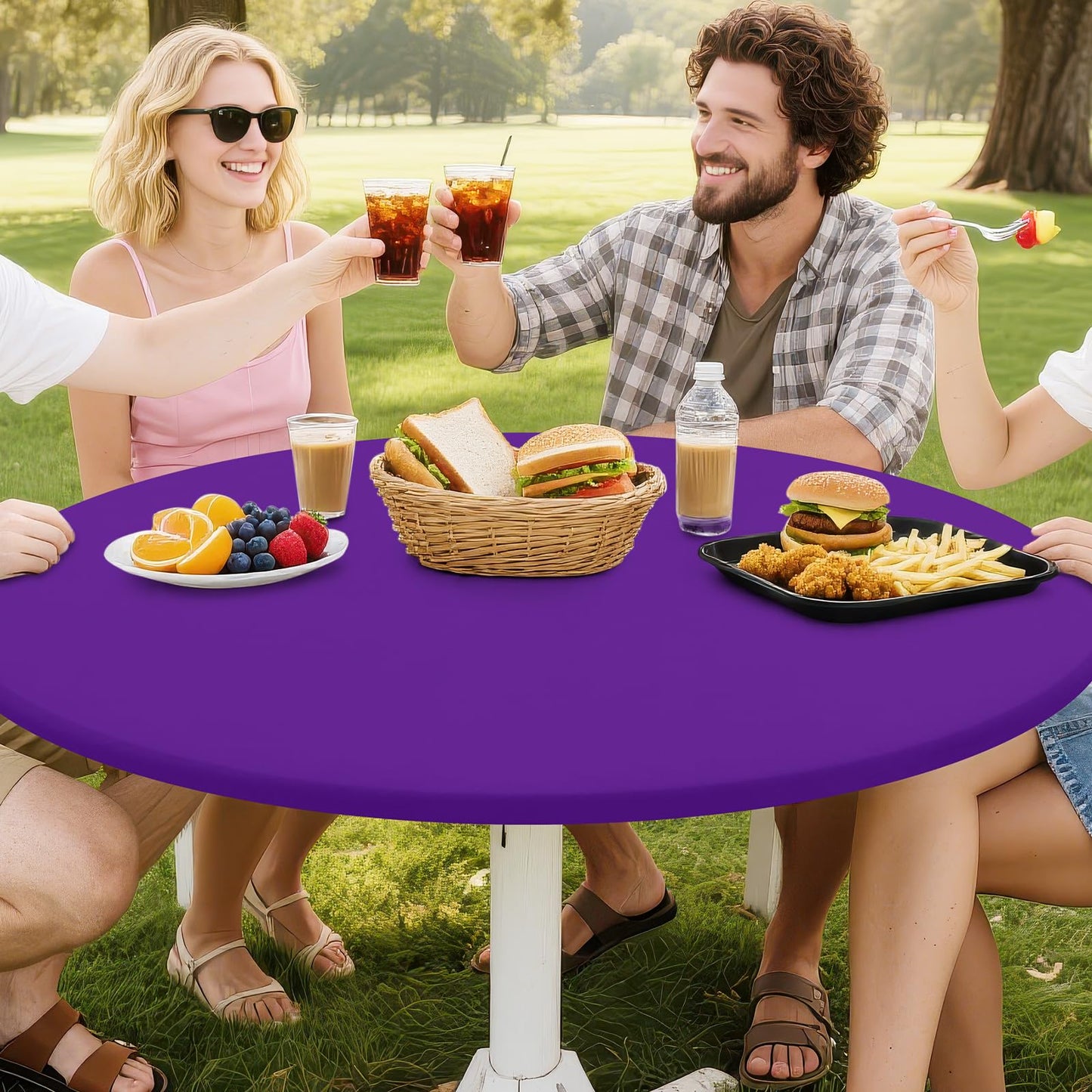 Smiry Round Spandex Tablecloth, Elastic Fitted Washable Tablecloths for 57"-68" Tables, Waterpoof Stretch Picnic Table Cover for Dining, Indoor and Outdoor, Purple