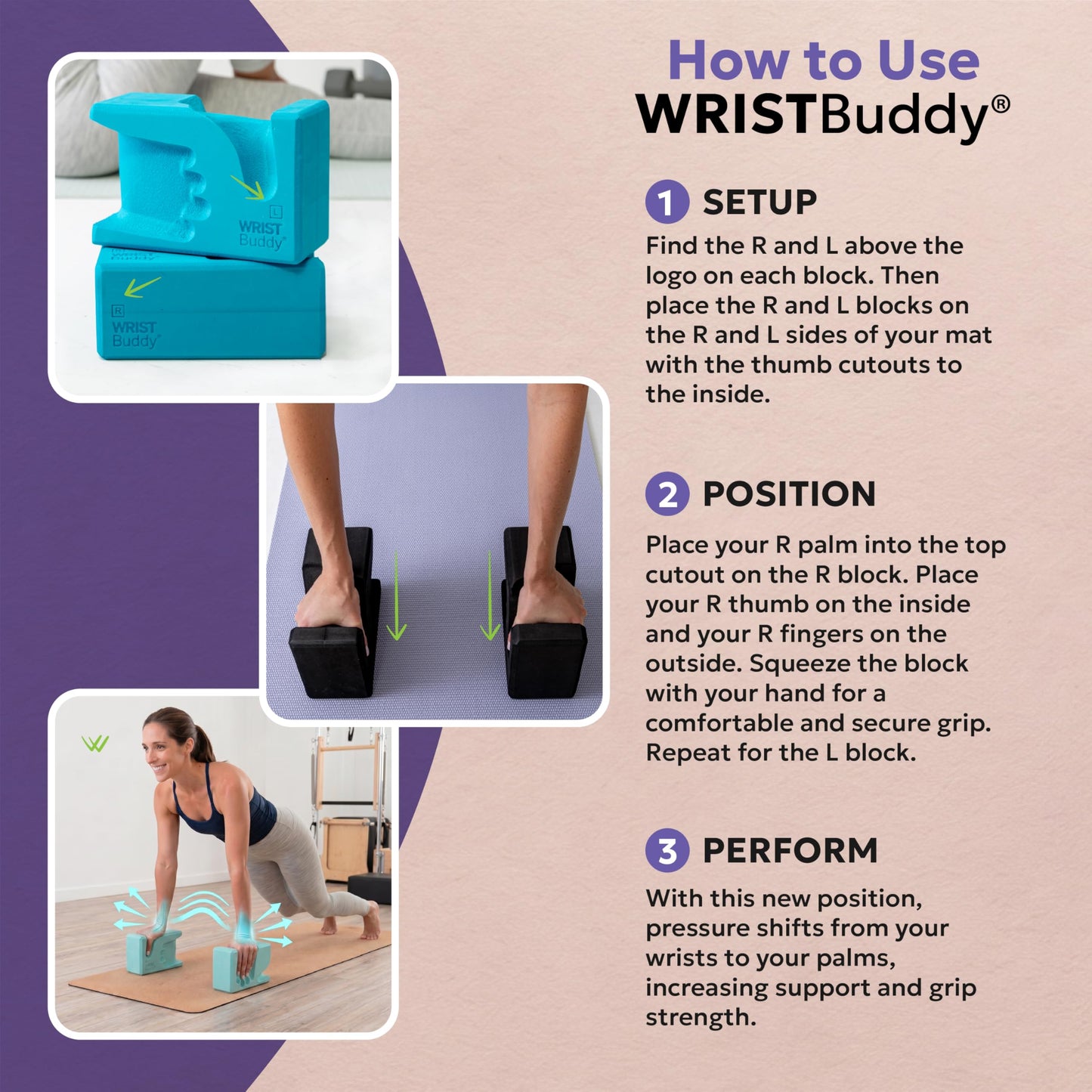 WRISTBuddy® Hand-Shaped Ergonomic Yoga Blocks for Optimal Wrist Support During Yoga, Pilates, Pushups, Planks and Handstands. Patented Non-Slip Blocks for Enhanced Stability and Comfort.