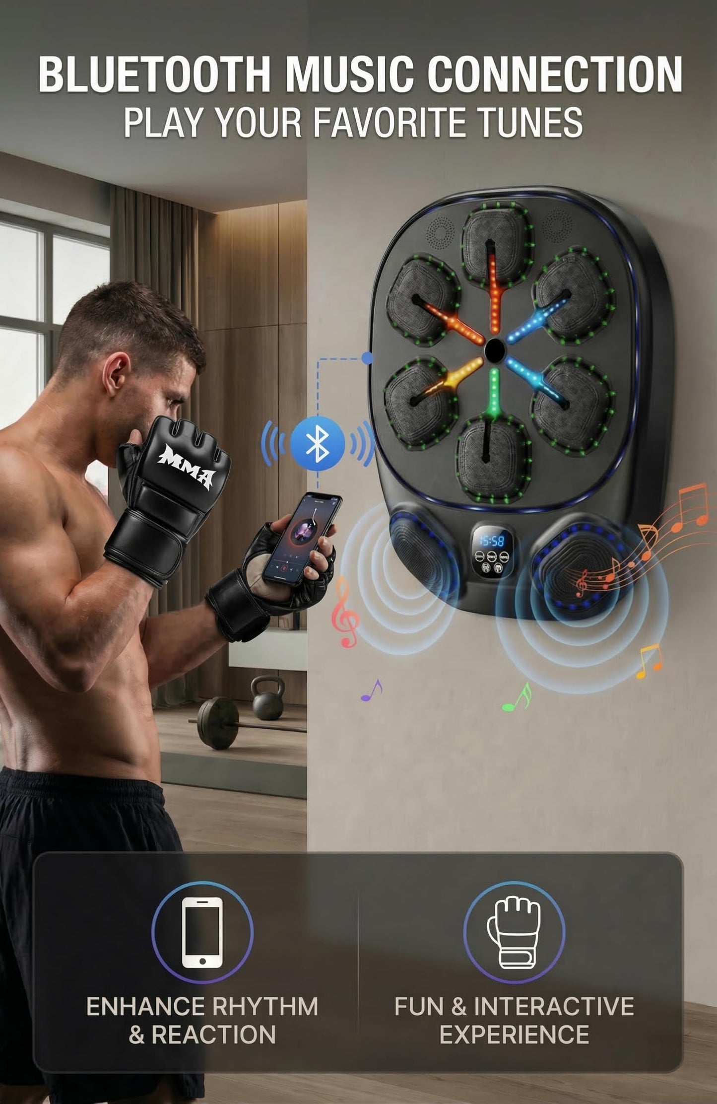 Sculptura 2026 Smart Music Boxing Machine for Adults & Teens, LED Display, Wall-Mounted, Interactive Punch Target with Rhythm Training, Home Fitness Boxing System with Gloves