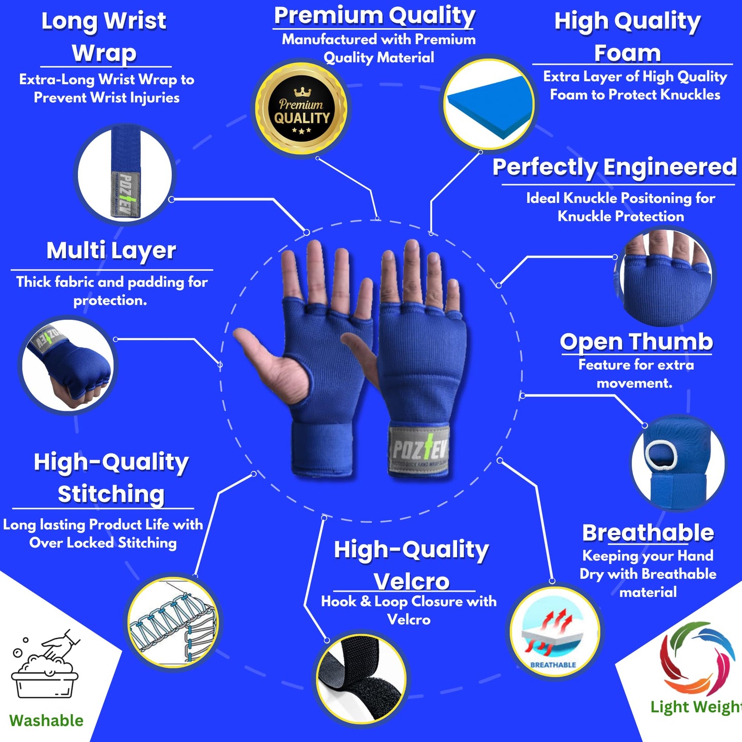 POZTEV Boxing Hand Wraps for Men & Women - Boxing Quick Wraps Inner Gloves Kickboxing Handwraps for Boxing Gloves Gear Knuckle Support Elastic Wrist Straps for Training MMA Shadowboxing (Blue S/M)