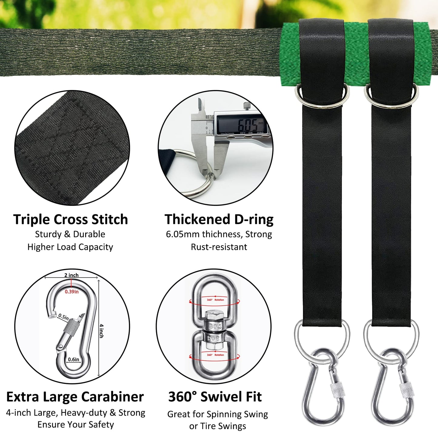 igolfluck Tree Swing Straps Hanging Kit 4FT/8FT/15FT/20FT/25FT, Extra Long Tree Swing Straps Holds 5500 lbs with Lock Carabiners & Tree Protectors, Safer for All Swing & Hammock (8FT)