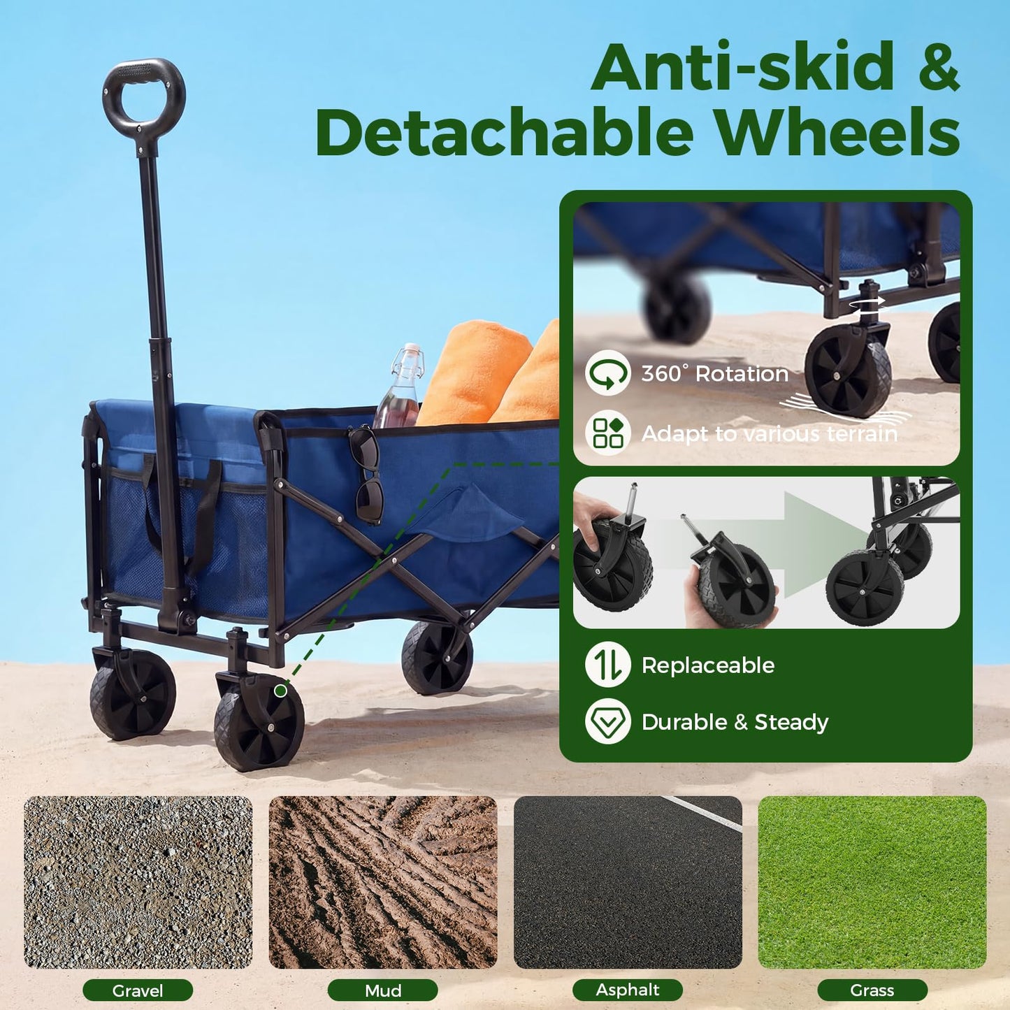 DUMOS Collapsible Wagon Cart, Heavy Duty Foldable Utility Wagon with Wheels – 220 lbs Capacity, Flexible Handle for Beach, Garden, Sports, Grocery & Camping, Blue