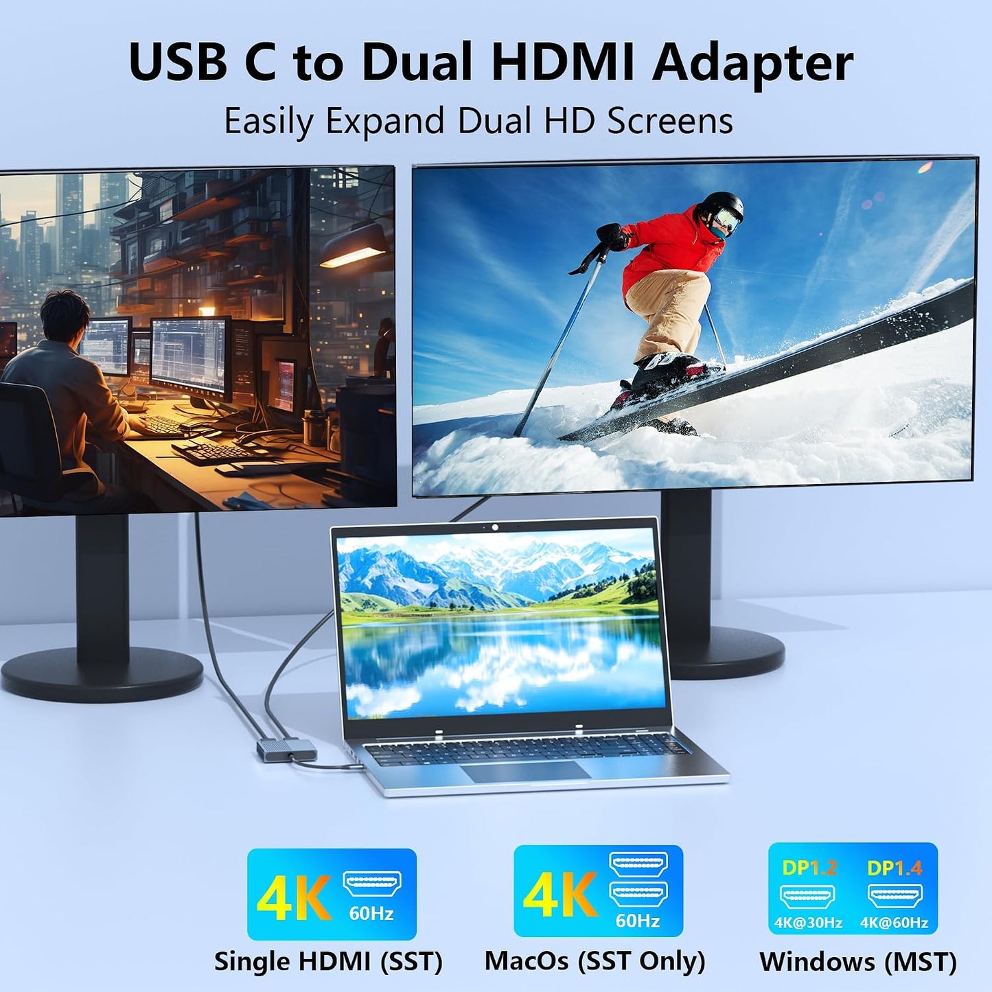 Aibilangose 2 4K@60Hz Dual HDMI Adapter for Monitors, Double HDMI Splitter for dual monitors, Dual Monitor Adapter