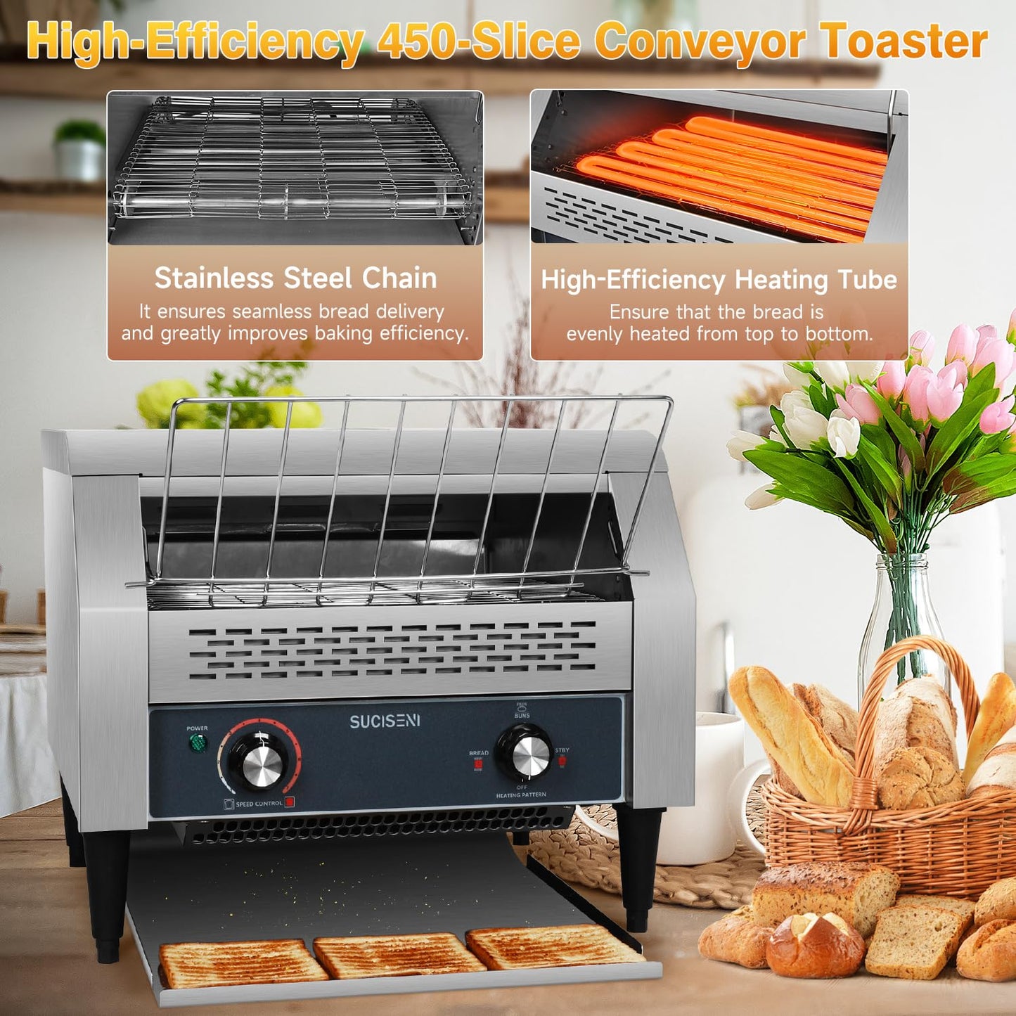 Commercial Conveyor Toaster 450 Slices/Hour Stainless Steel Toaster 2600W Heavy Duty Industrial Toasters Electric Oven with Dual Heating Tube for Bagel Bread Croissant Bakery Restaurant Cafe