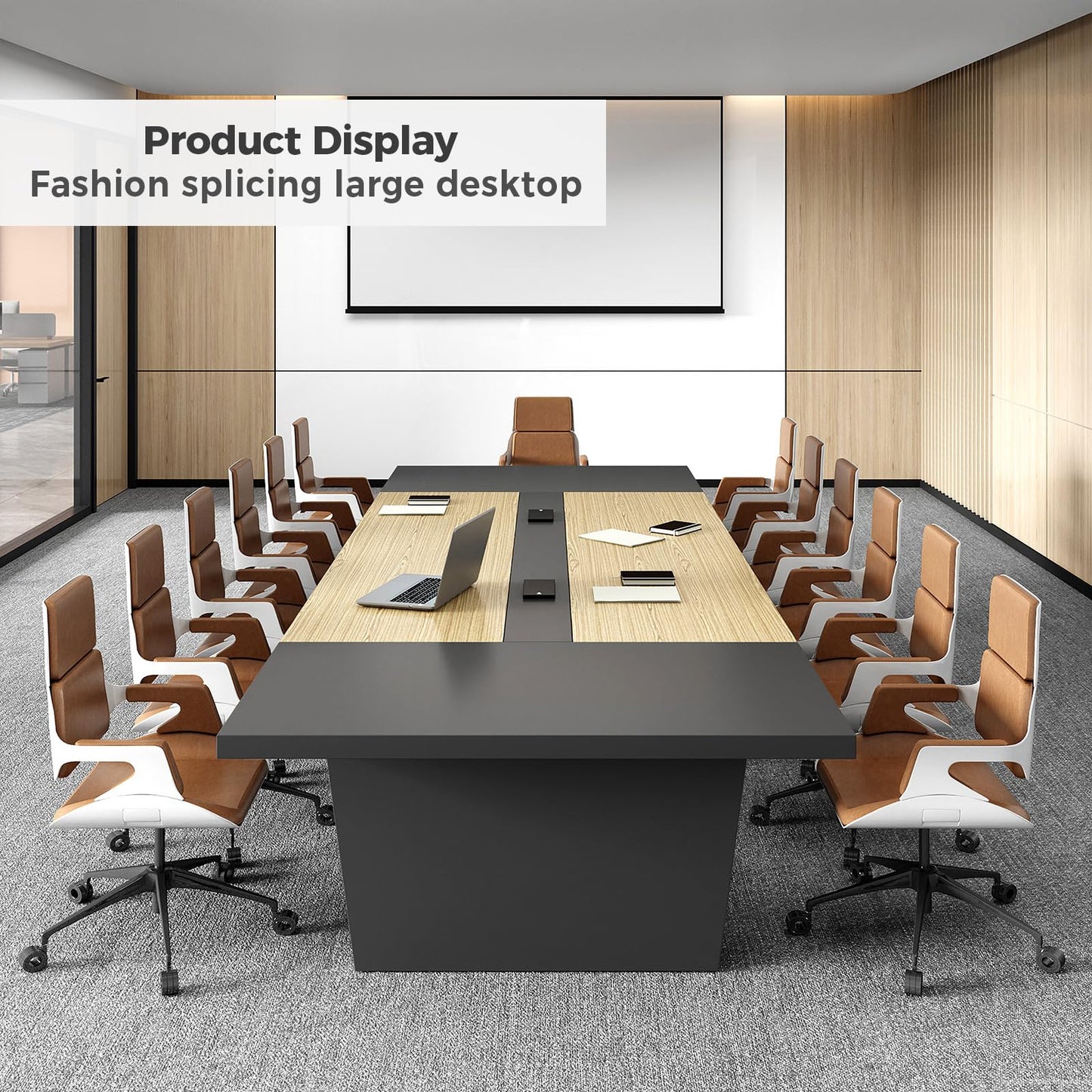 11.5 ft Conference Table for 12 People, Large Meeting Table with Built-In Power Outlet, Cable Management & 2-Inch Thickened Tabletop, Office Conference Room Table, Oak and Grey, 138"L x 59"W x 30"H