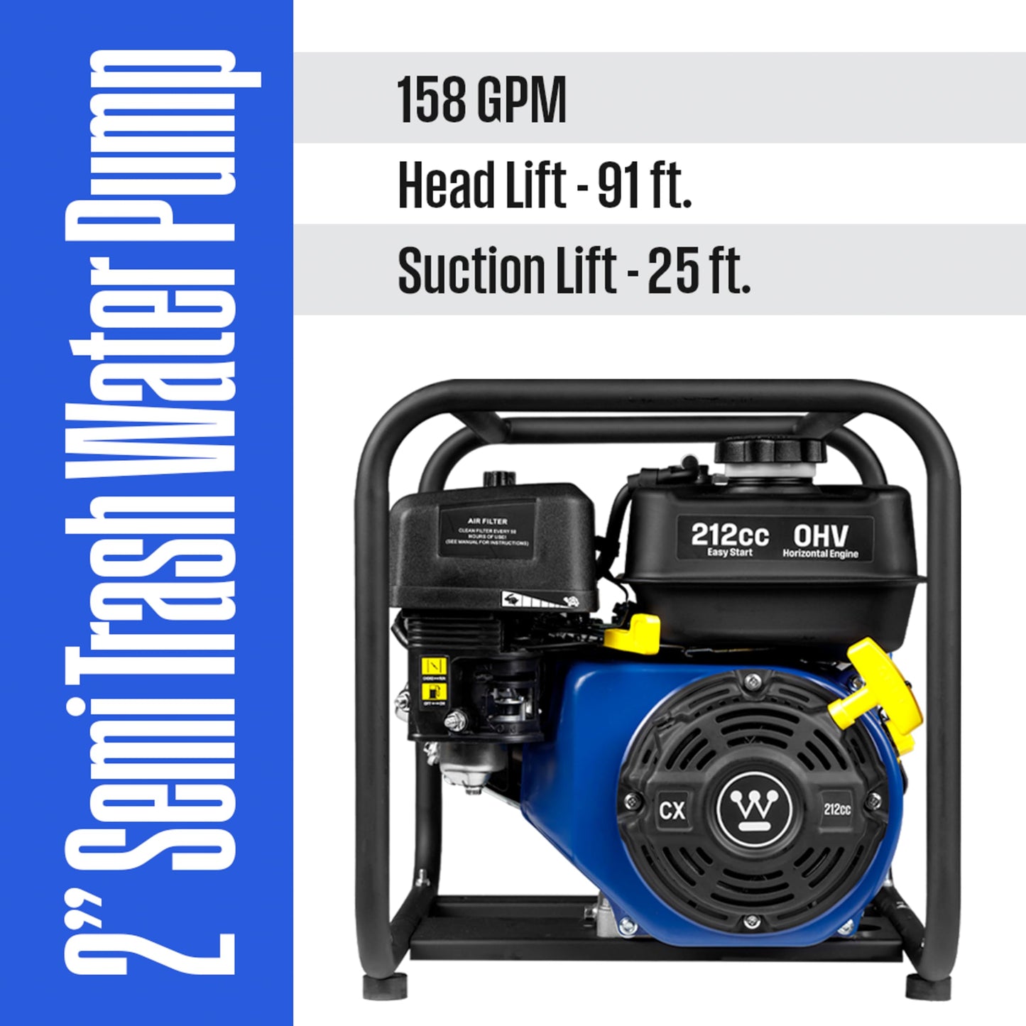 Westinghouse 2-inch Gas Powered Semi Trash Water Pump, 4-Stroke Engine, 158 GPM with Up to 91ft Lift and 25ft Suction Lift