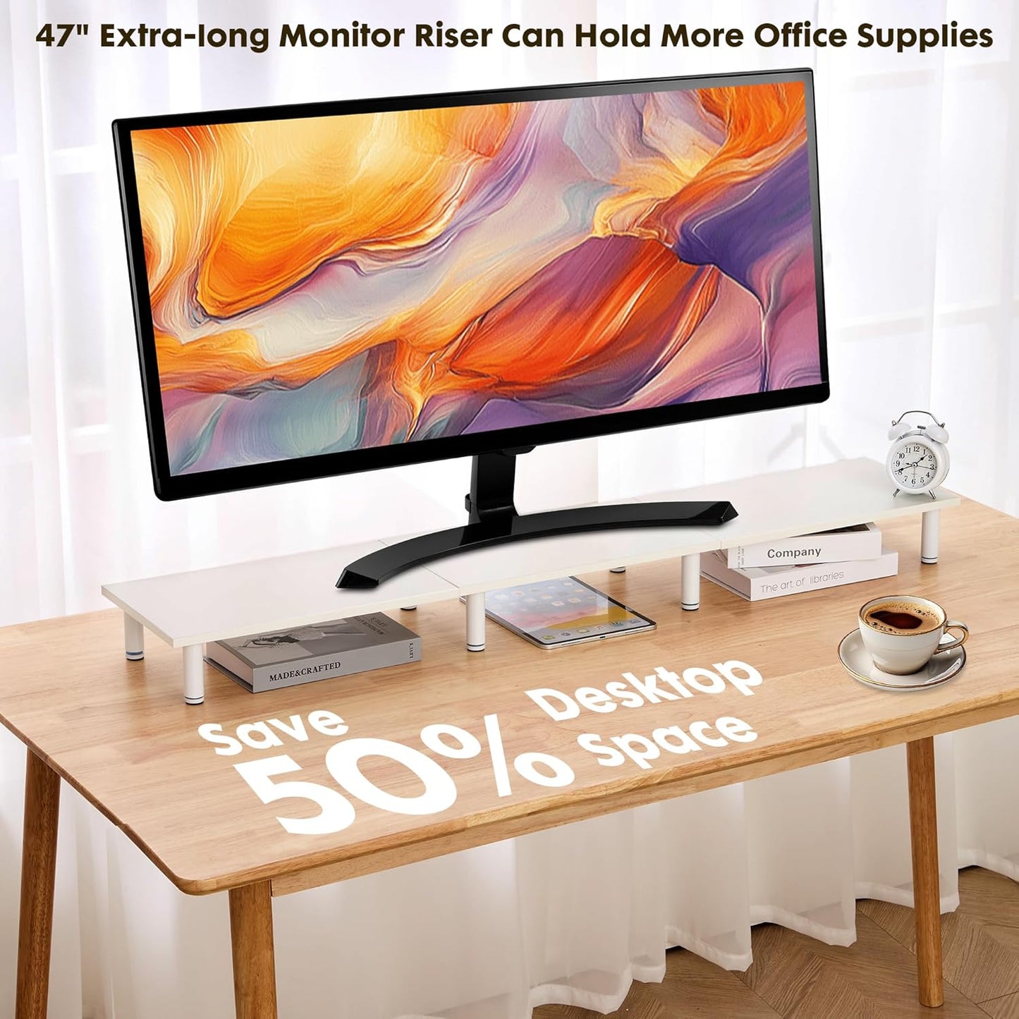 47 Inch 2 La Jaco Extra-Long Dual Monitor Stand Riser for Monitors, Desk Shelf TV Riser Blocks, Wood and Steel Desktop