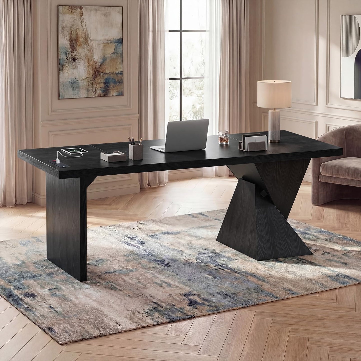 ANGRYWIN 70.9 Inch Executive Desk with Power Outlet, Large Home Office Desk, Modern Aesthetic Computer Writing Table Workstation Business Furniture (Black)