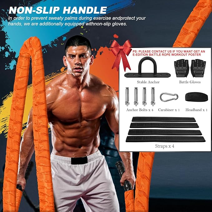 Battle Ropes for Home Gym 1.5Inch Diameter 30 FT Lengths Workout Heavy Battle Ropes for Exercise Training Weighted Rope for Working Out Exercise Equipment with Protective Cove - Orange