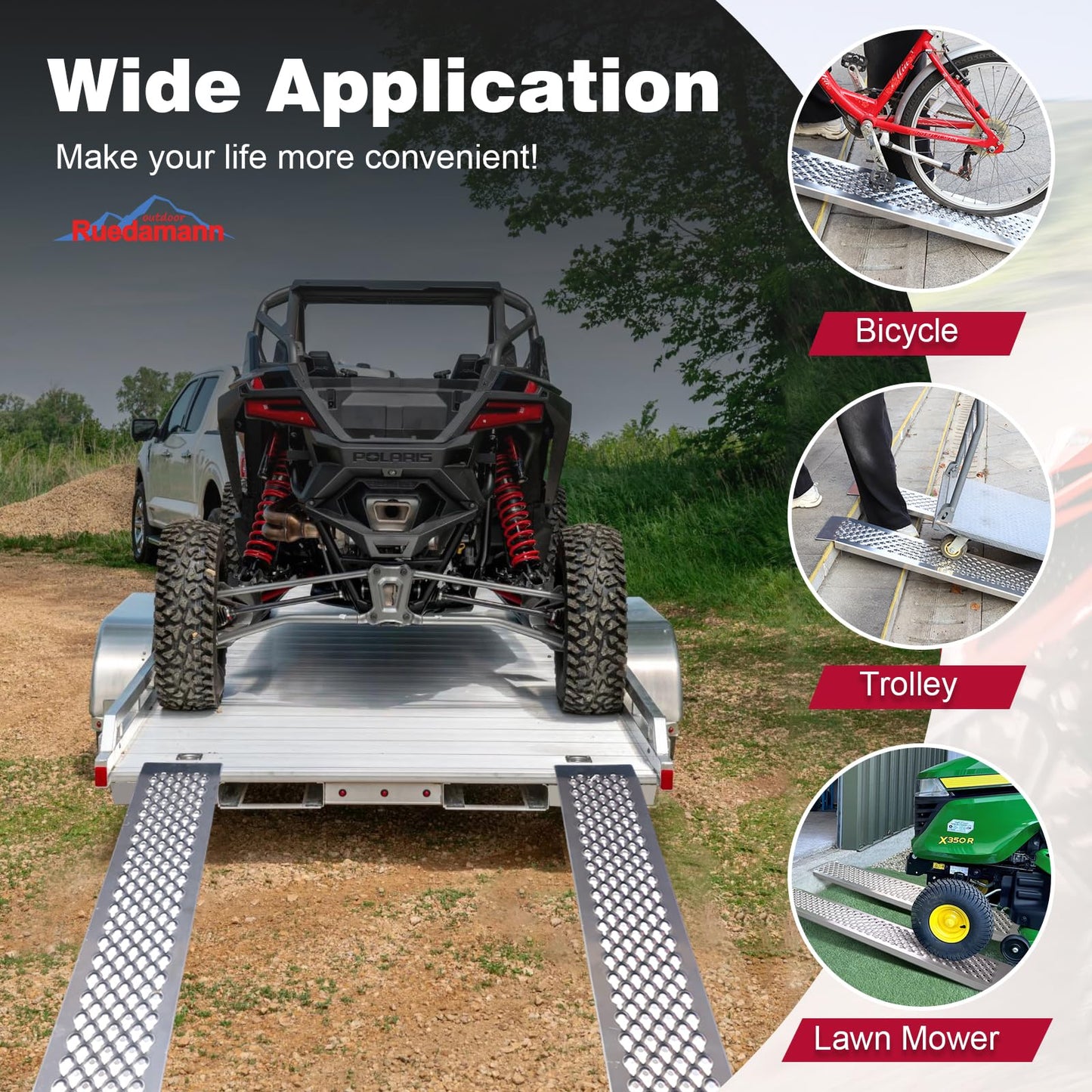 Ruedamann 2PCS 5FT Aluminum Shed Ramps, Rust Proof, Heavy Duty 880 lbs Capacity, 9'' Wide Loading Ramps for Lawn Mower, UTV, ATV Ramp for Trailer, Shed Ramp for Trailers, Riding Mowers, Motorcycles