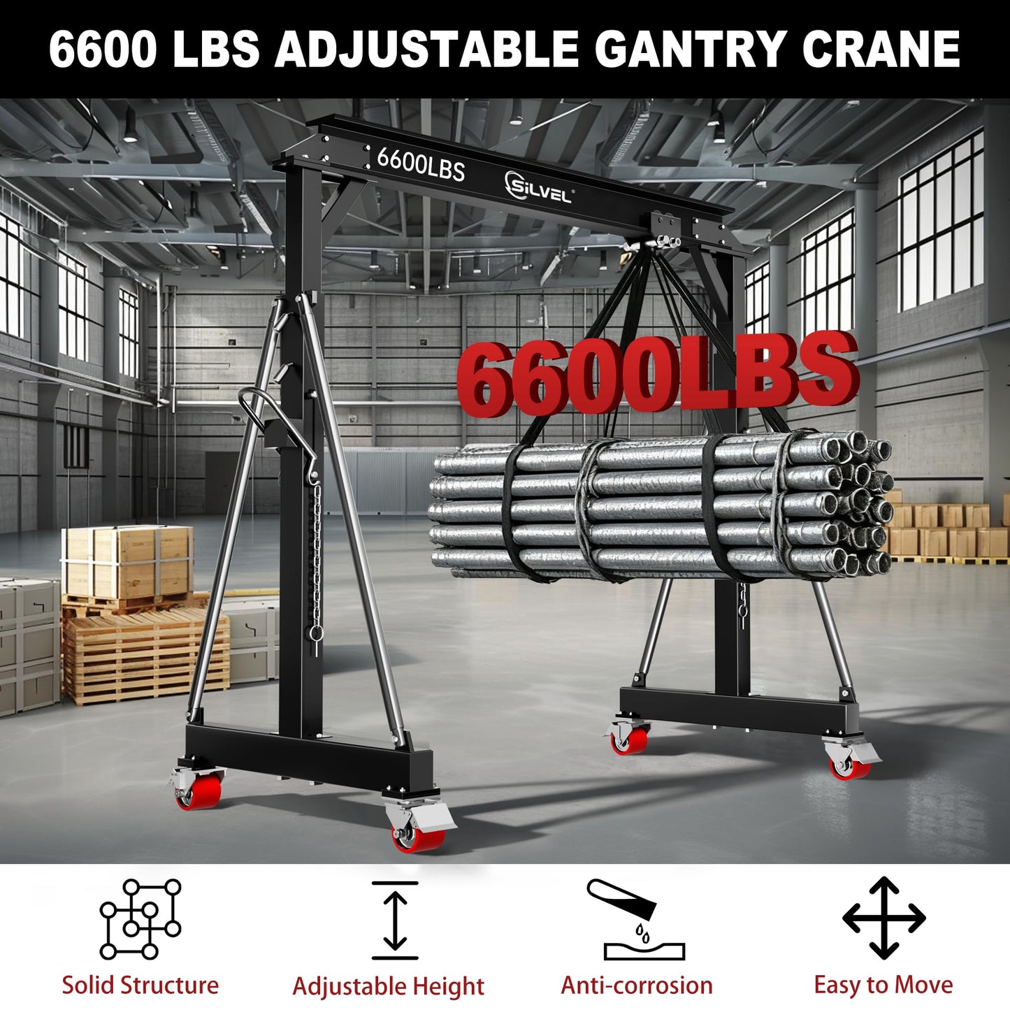 SILVEL 3 Ton Gantry Crane, Max 6600Lbs 8.53FT Maximum Working Width, Adjustable Height 8.53-12.47FT, Portable Shop Lift Hoist with 3 Ton Manual Trolley for Factories, Warehouses, Garage,Black