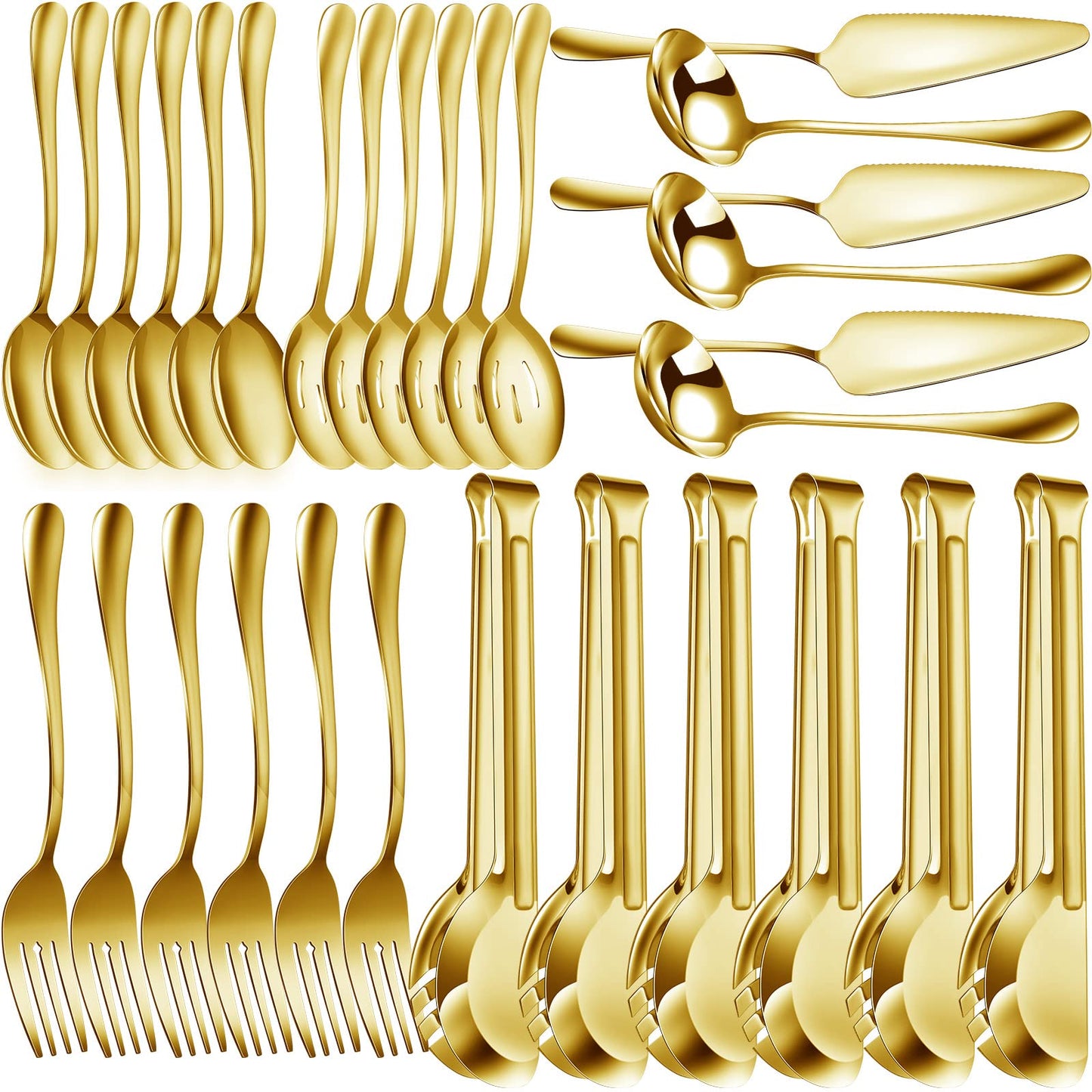 Thenshop 30 Pcs Stainless Steel Serving Utensils Set Flatware Set Include Large Serving Spoons Slotted Spoons Forks Soup Ladle Pie Server and Tongs for Buffet Party(Gold)