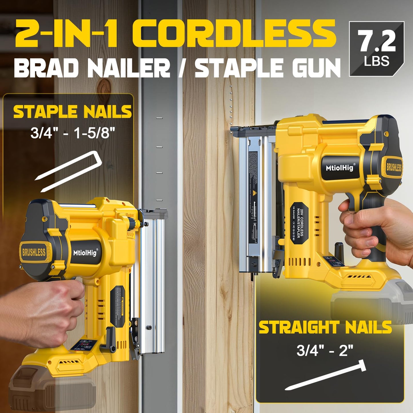 Cordless 2" Brad Nailer Compatible with Dewalt 20V Battery (No Battery), 2-in-1 Electric Nail Gun/Staple Gun, 18 Gauge Nail Gun Battery Powered with 1000 Nails for Wood Carpentry, 7.2LB