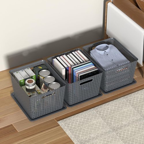 Gainhope 6-Pack Large Plastic Storage Baskets with Lid, 13.98" x 11.57" x 8.66", Stackable Storage Container Organizer Bins for Office, Bathroom, Kitchen, Pantry, Gray