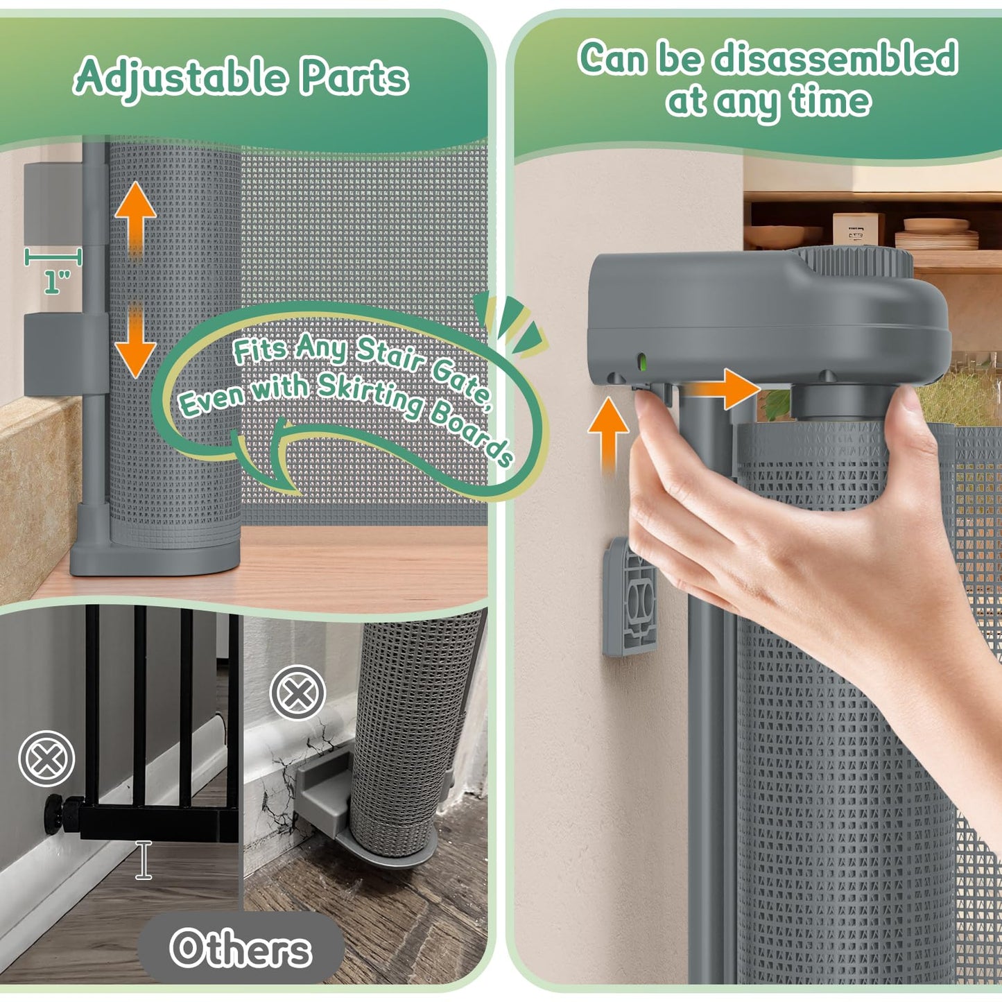 200'' Retractable Baby Gates Extra Wide,34" Tall Retractable Dog Gate for Doorways, Stairs, Hallways, Decks, Garage,16 FT Indoor/Outdoor Grey Retractable Gate with Fiberglass Reinforcement Rods