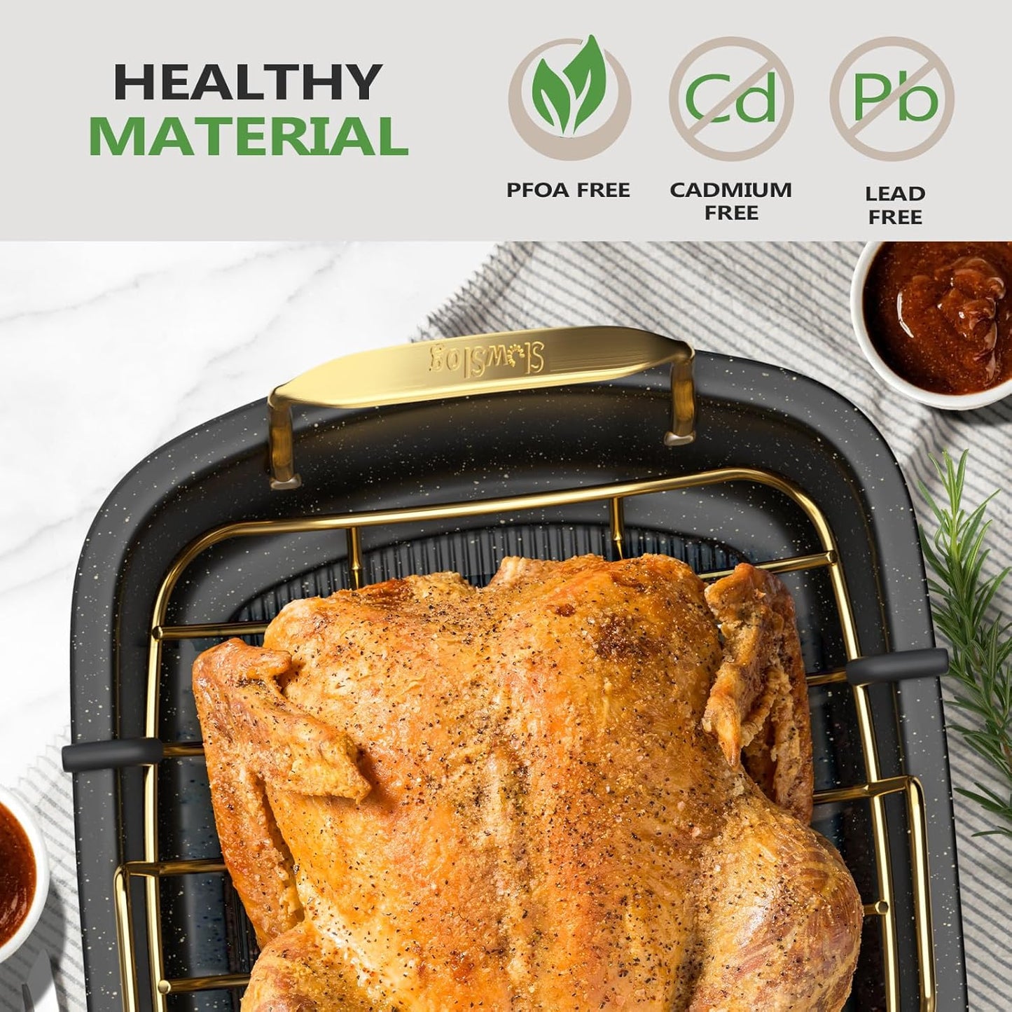 Roasting Pan - 17 Inch x 13 Inch Nonstick Roaster with Removable Rack for Turkey & Vegetables | Gold