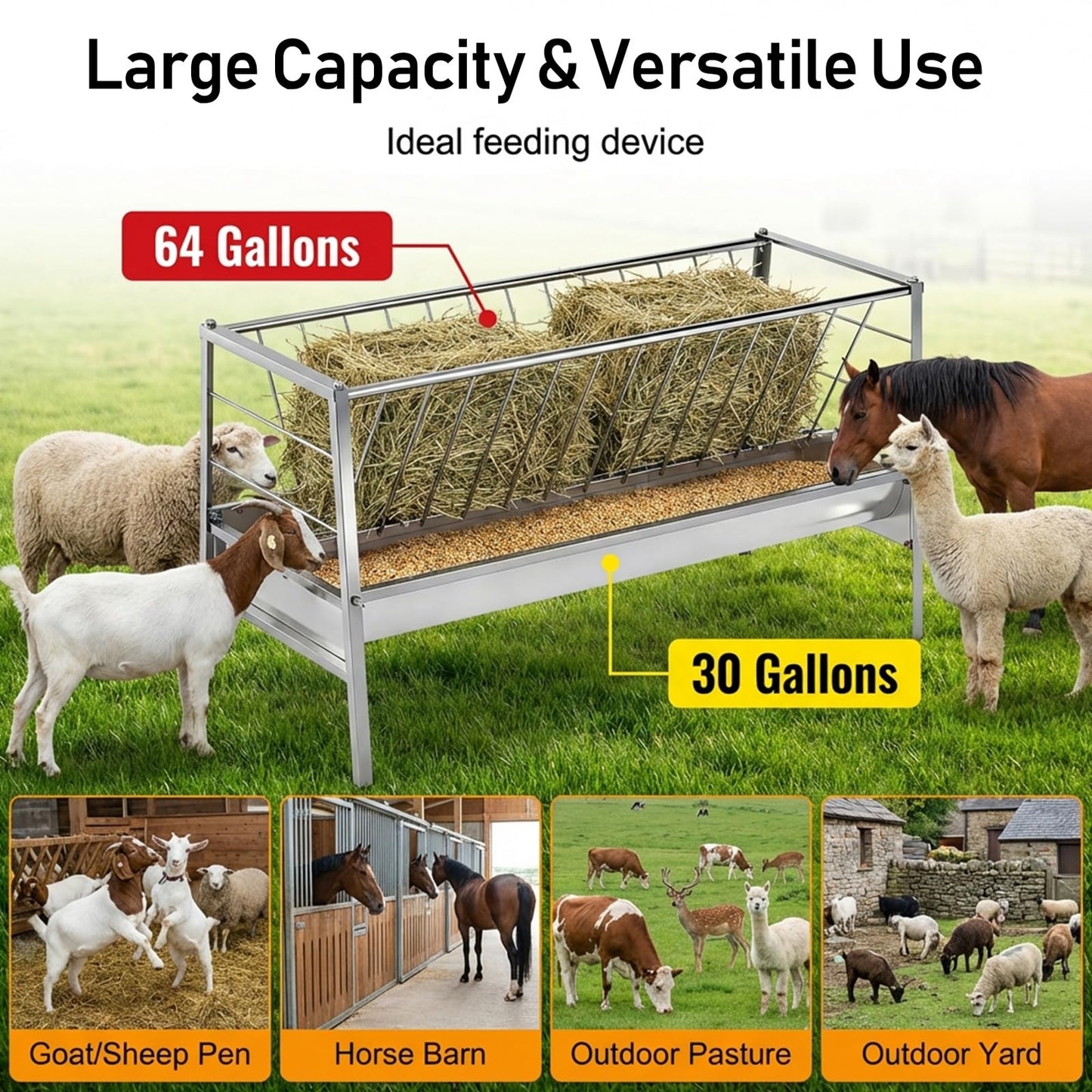 3 in 1 Grain|Water|Hay Feeder, 94-Gallon Capacity|8.0'' Deeper Feeding Pan, Stainless Steel Goat Hay Feeder, 63" Long Livestock Hay Rack for Goats, Sheep, Cow, Horse