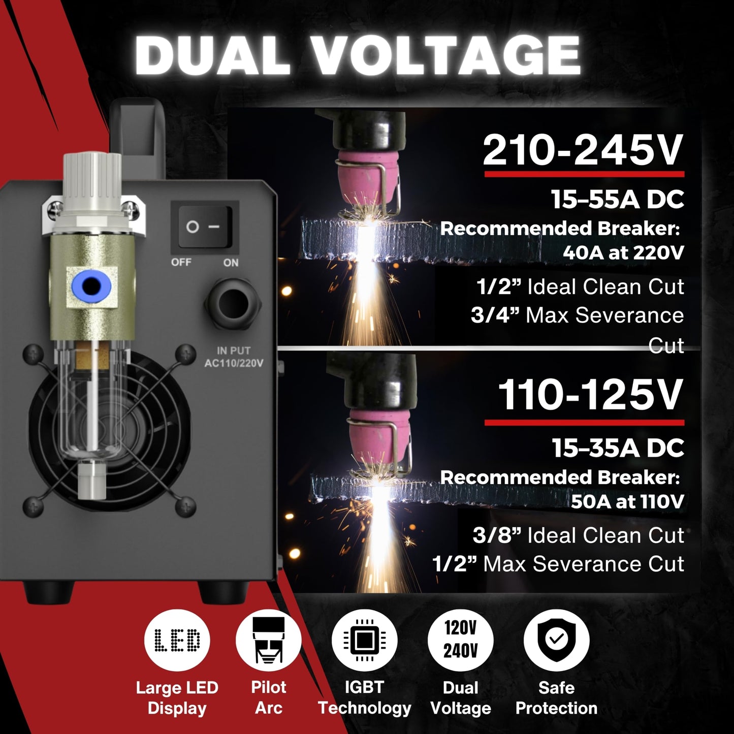 LOTOS LOP55D 55A Plasma Cutter, 1/2" Clean Cut (3/4" Sever), Non-Touch Pilot Arc, Dual-Voltage 110/220V, LED Panel, Portable Air Plasma Cutting Machine for DIY, Auto, Farm, HVAC