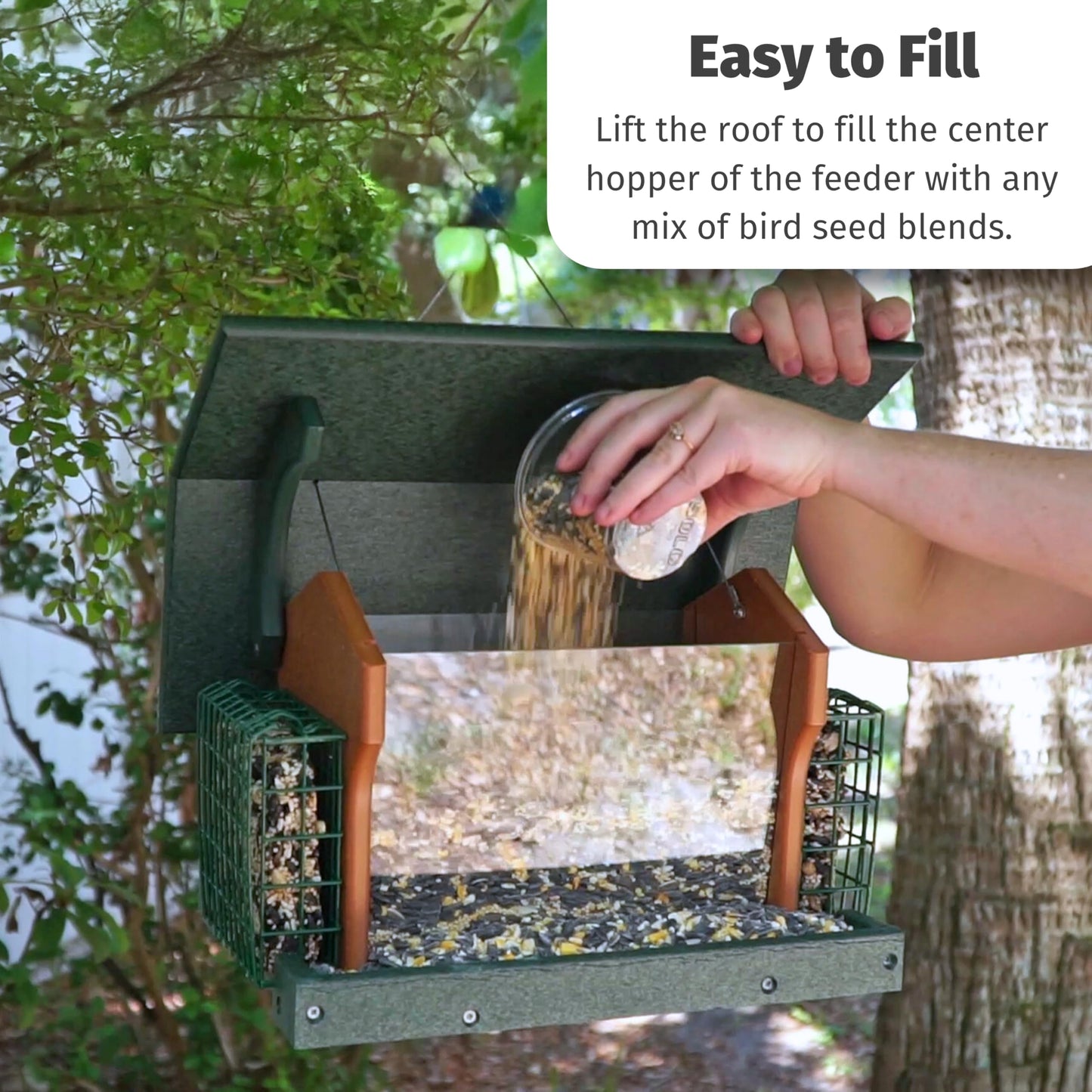 DutchCrafters Poly Hanging Large Hopper Bird Feeder with Two Suet Cake Holder Cages, Durable Long Lasting Outdoor Bird Feeder - Amish American Made in USA (Black & Cedar)