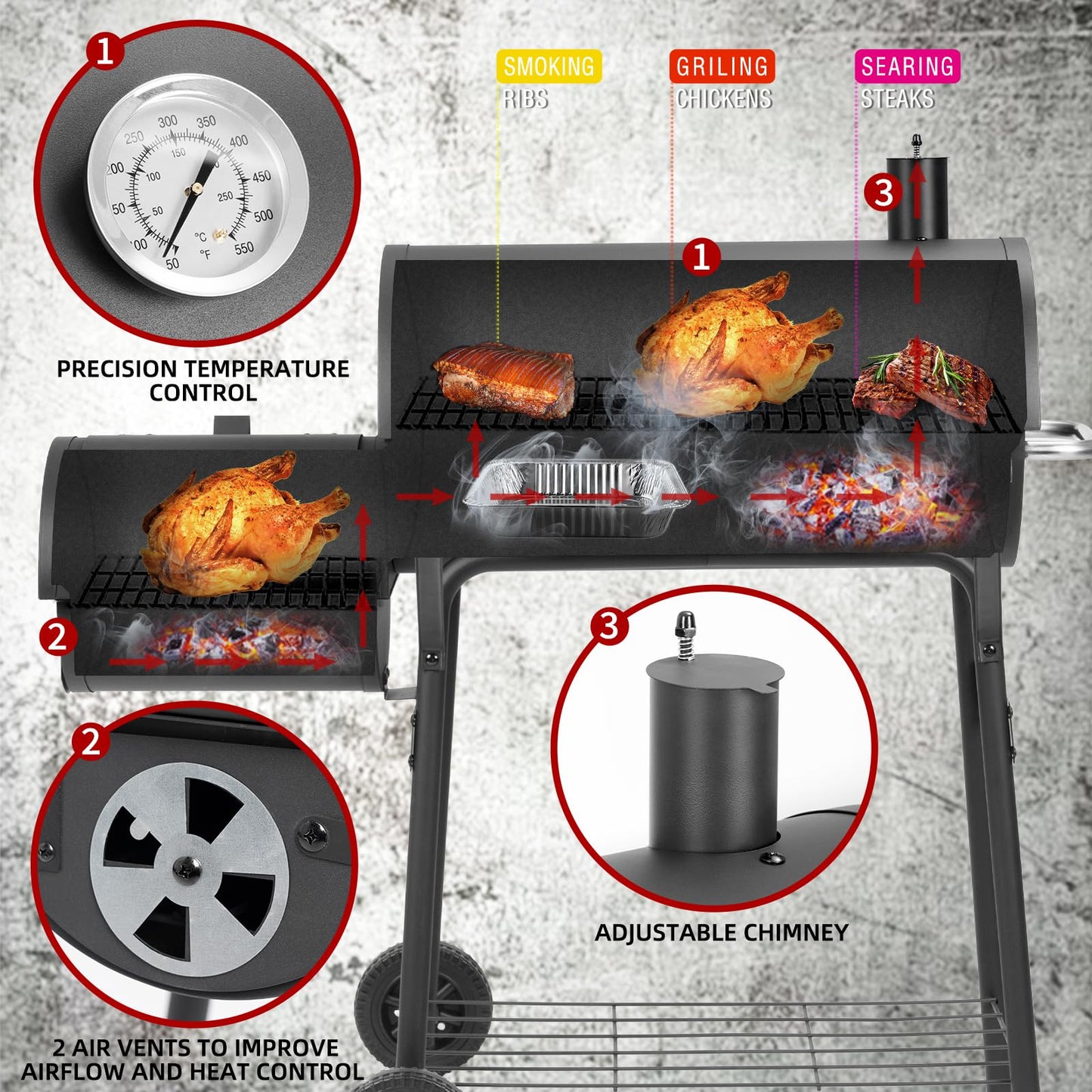 Kendane Barrel Charcoal Grill with offset smoker,550 Square Inches Cooking Area, Outdoor BBQ Grill with Front Shelf, Perfect for Backyard, Patio Parties and Picnics.