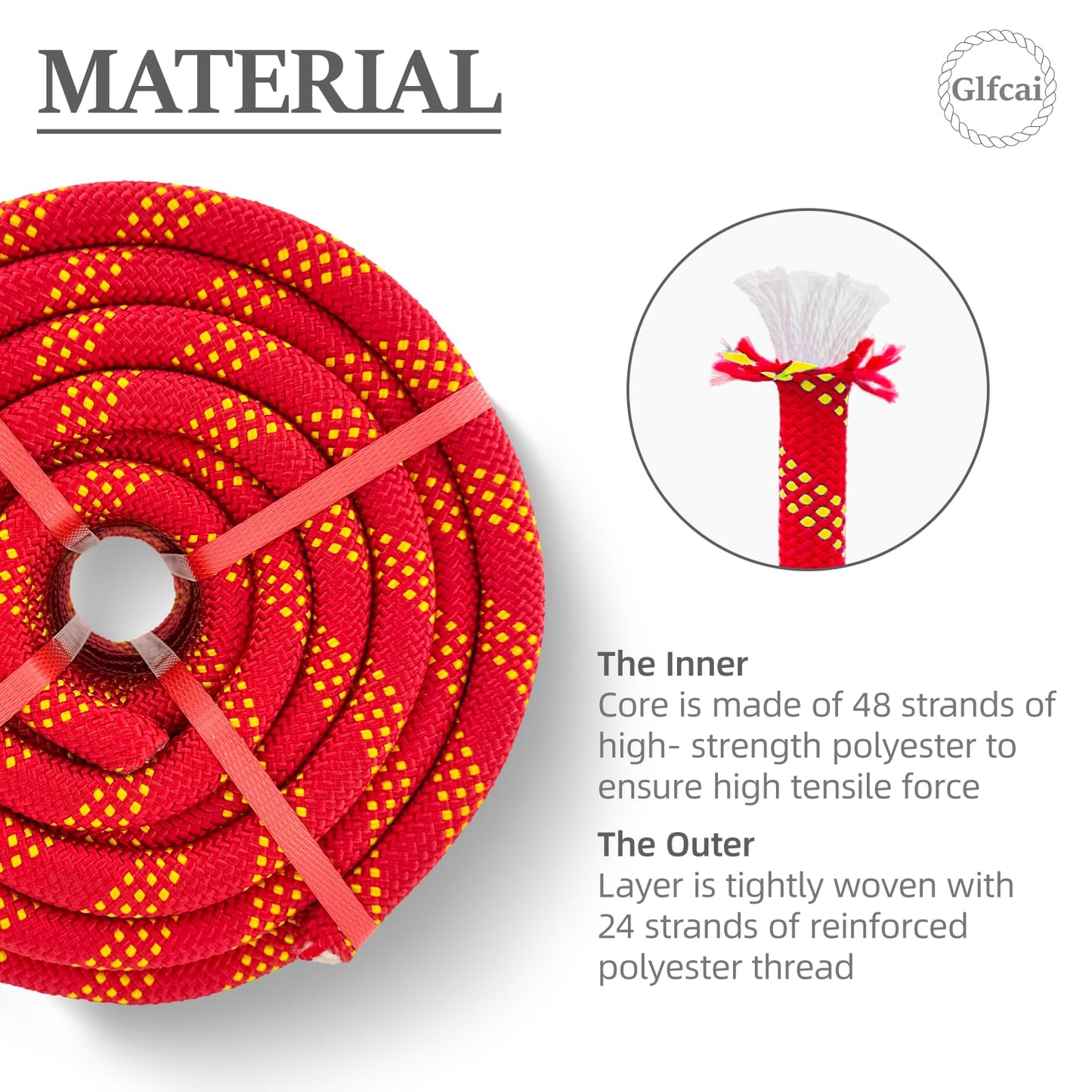 Glfcai Arborist Rope 3/4 Inch x 50 Ft, High Strength Polyester Bull Rope for Tree Rigging & Pulling, 48-Strand Braided Static Line for Heavy Duty Work, Red