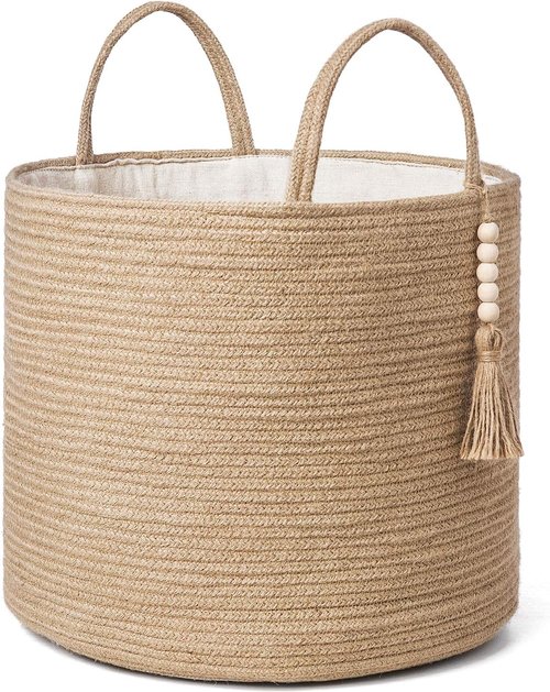 Mkono Woven Storage Basket - Natural Rope Organizer with Wooden Bead Decor | 16" W × 13.8" L for Blankets, Toys, and More