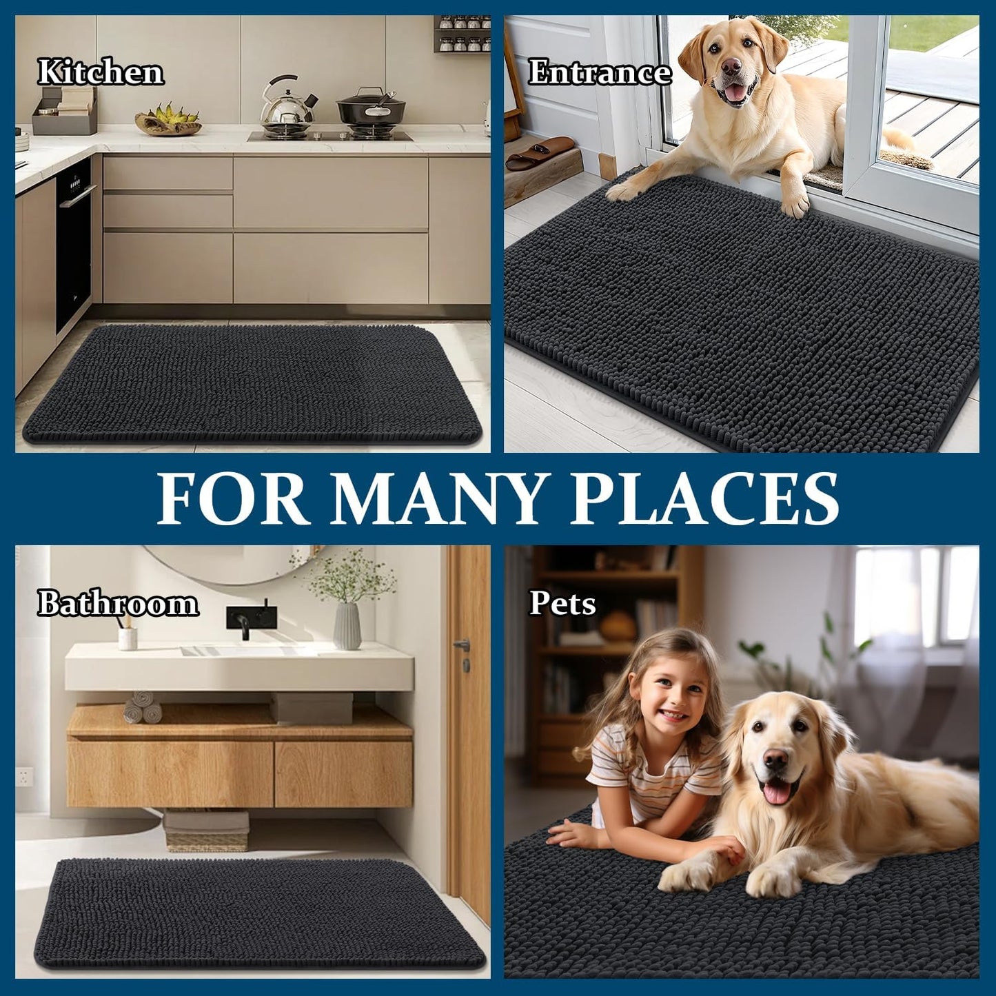 OLANLY Dog Door Mat - Absorbent Non-Slip Chenille Mat for Muddy Paws | 54x24 Inches, Dark Grey