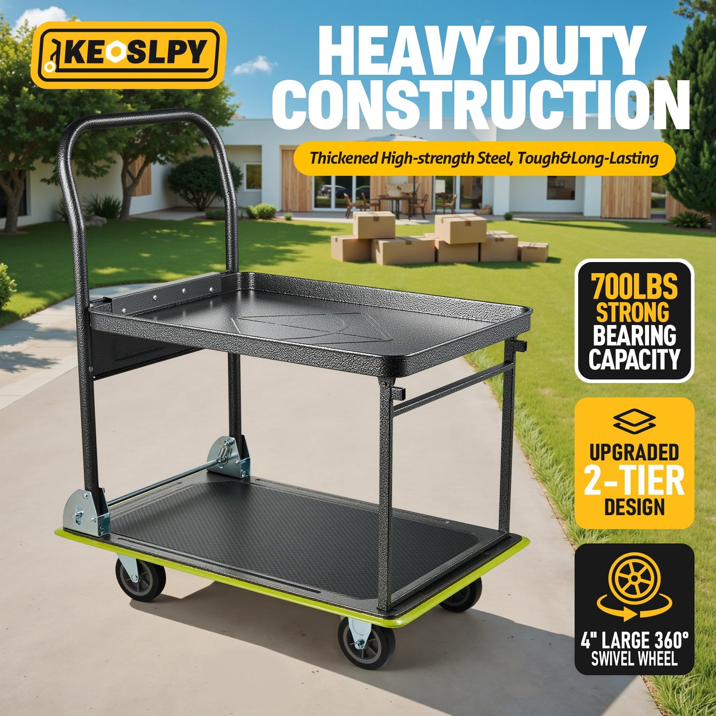 Keoslpy Upgraded Foldable Push Cart Dolly, 700lbs Foldable Platform Truck Dolly with Wheels, Heavy Duty Platform Cart 2 Tier Moving Flatbed Cart for Warehouse, Garage, Workshop, Office 28.75" x 18.5"