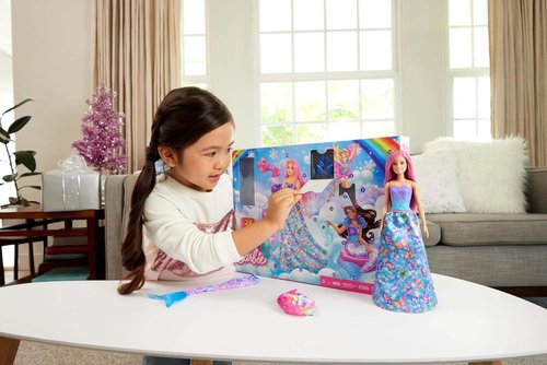 Barbie Advent Calendar - Doll with 24 Surprise Accessories, Unicorn & 3 Pets | Transform Pink-Haired Fashion Doll into Mermaid & Fairy