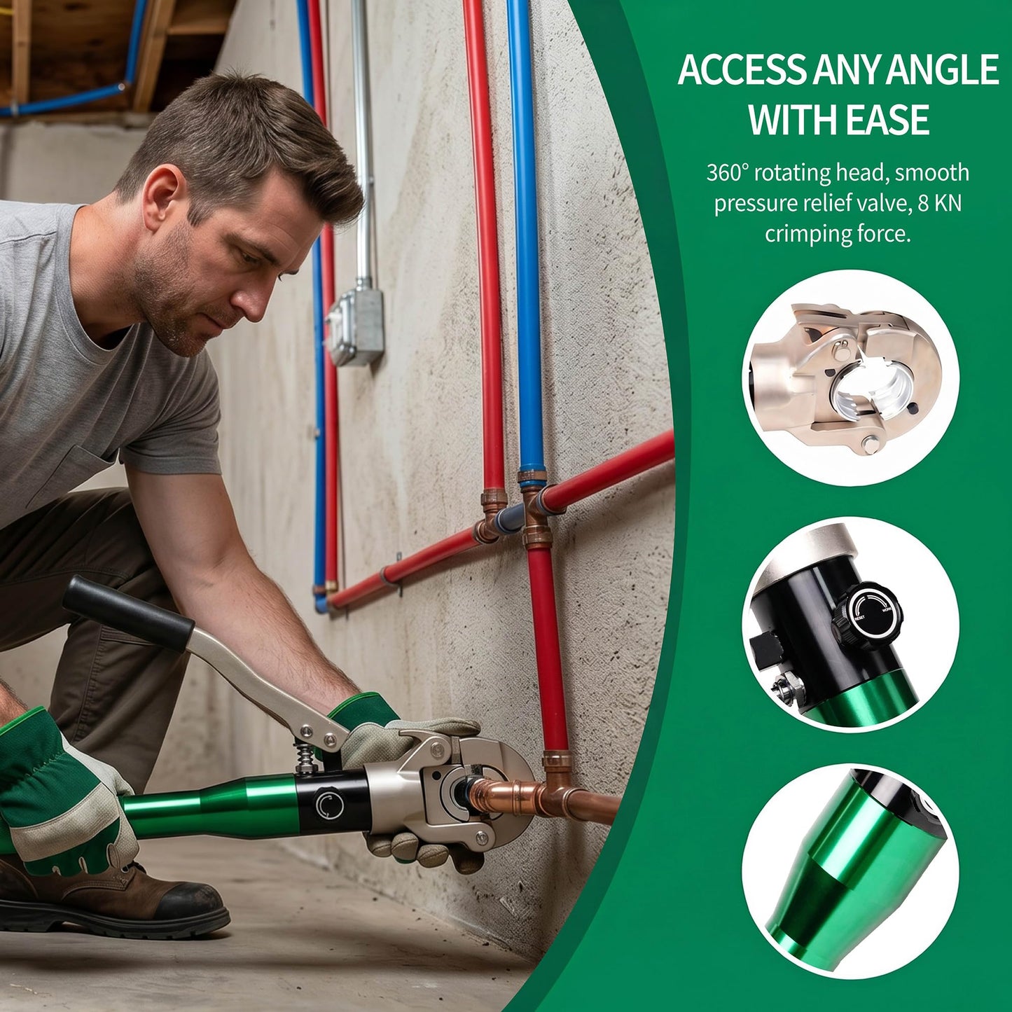 Growlush Copper Pipe press Tool with 1/2",3/4",1" Dies for Copper Pipe and F877 Stainless PEX Press Sleeves, 3/8",1/2",5/8",3/4",1" Dies for ASTM F1807 Pex Pipe Copper Ring Pipe Fittings Crimping Tool