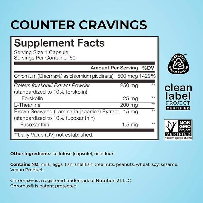 HUM Counter Cravings Chromium Supplements with L Theanine, Seaweed Extract & Forskolin to Help Support Appetite, Cravings, and Routines, Gluten Free, Caffeine Free Formula, 60 Vegan Capsules