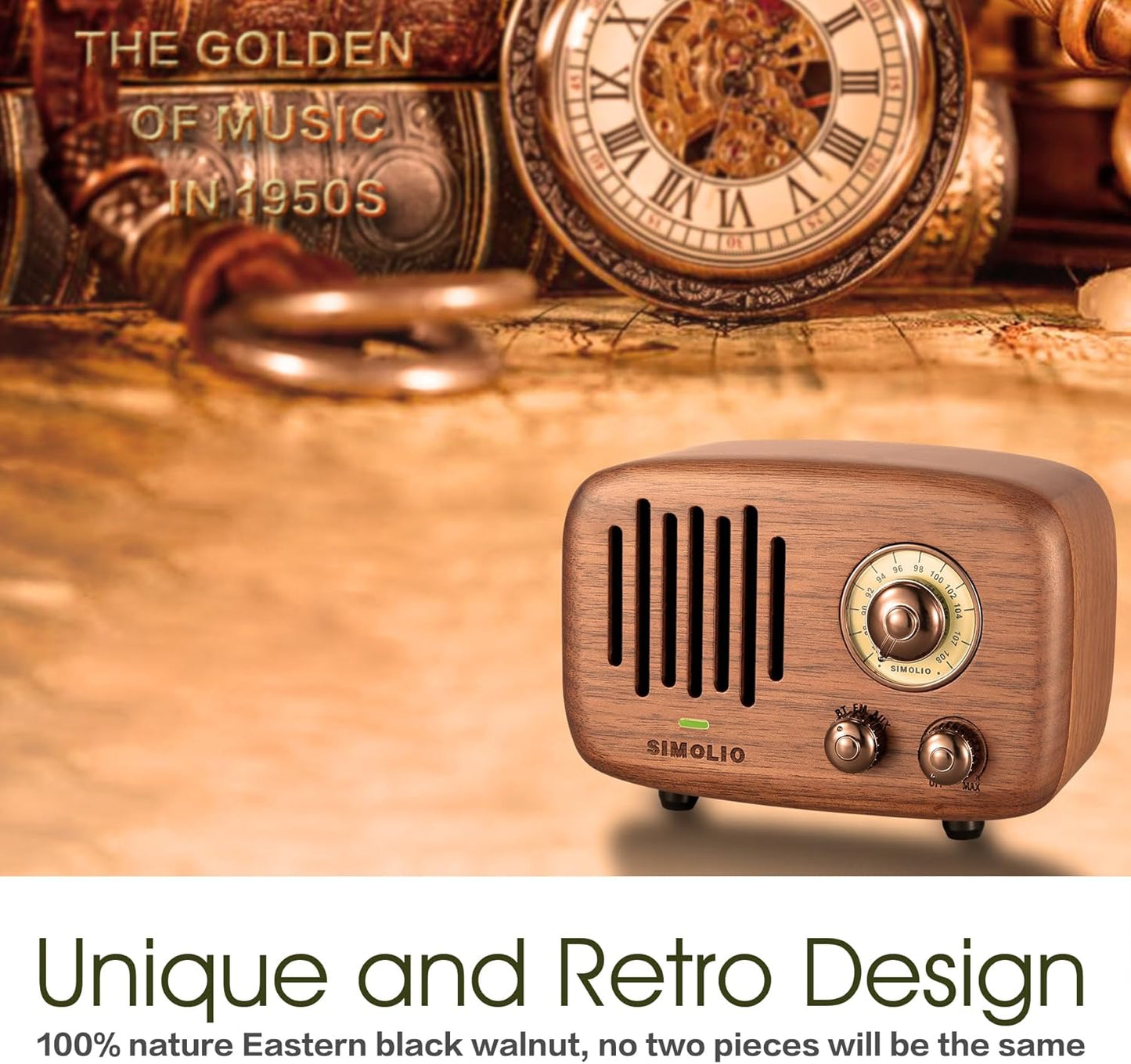 SIMOLIO Retro Bluetooth Speakers with Loud HD Sound, Nature Black Walnut Vintage Style Wooden Speaker with FM Radio