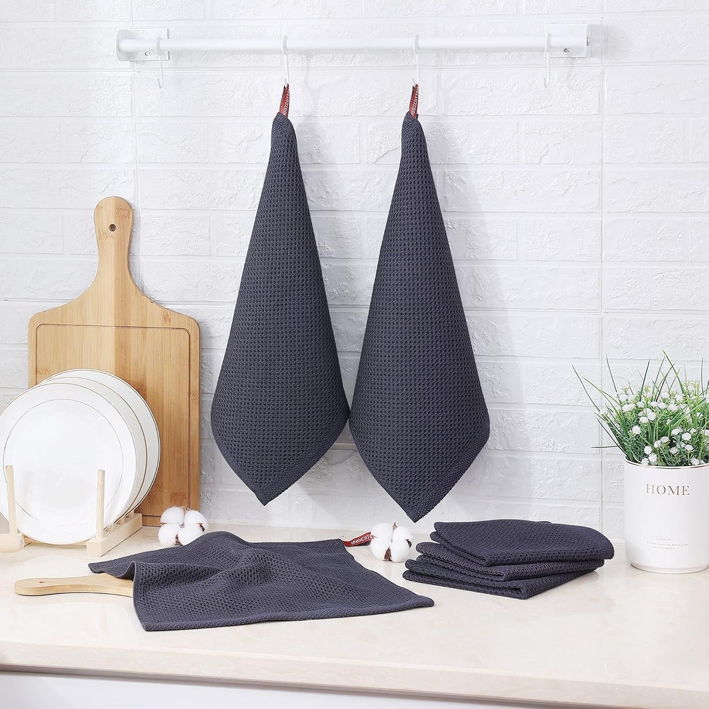 Skiennix 100% Cotton Waffle Weave Kitchen Towels - Ultra Soft & Absorbent, 8 Pack, Dark Grey, 12x12 Inches