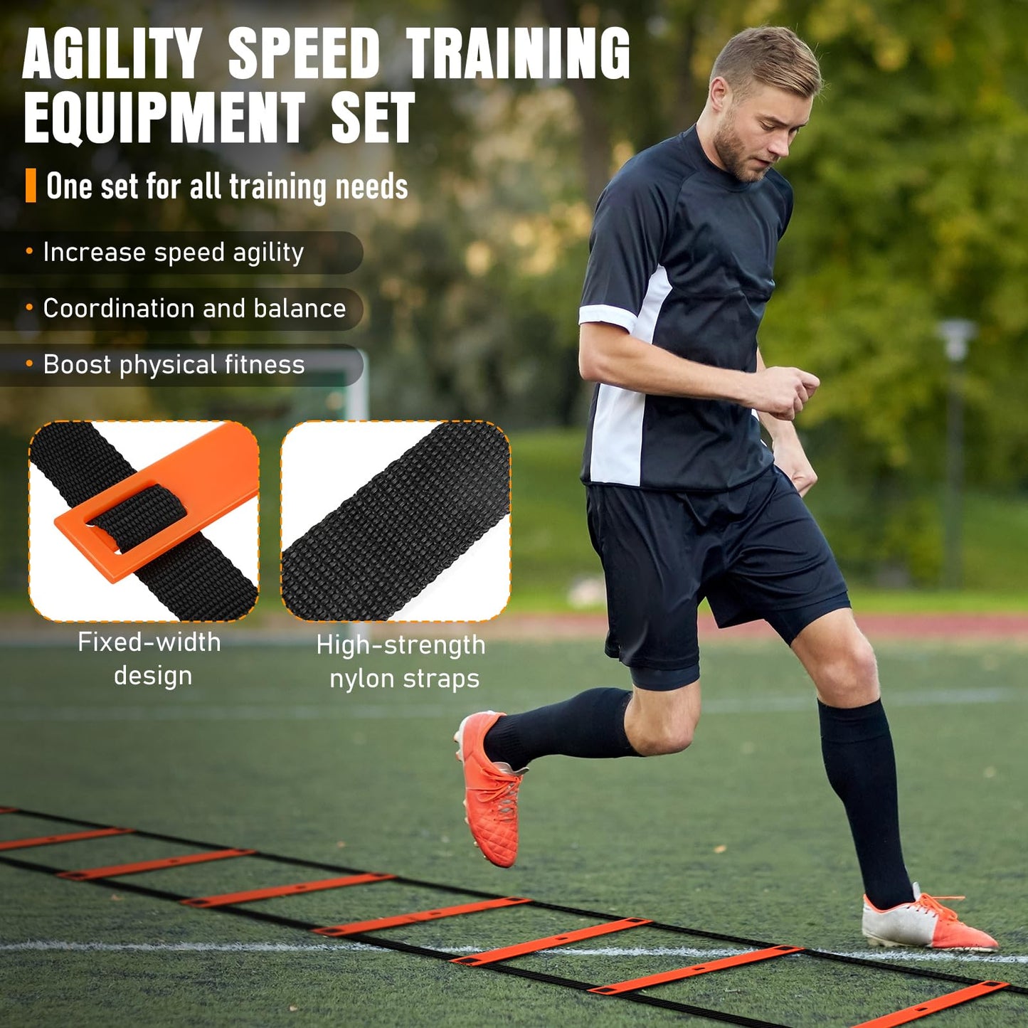 MUROZA Agility Ladder, Agility Speed Training Equipment Set, 20ft Speed Ladder, 12 Soccer Cones, 4 Hurdles, Jump Rope, Running Parachute, Soccer Football Basketball Training Equipment Accessories
