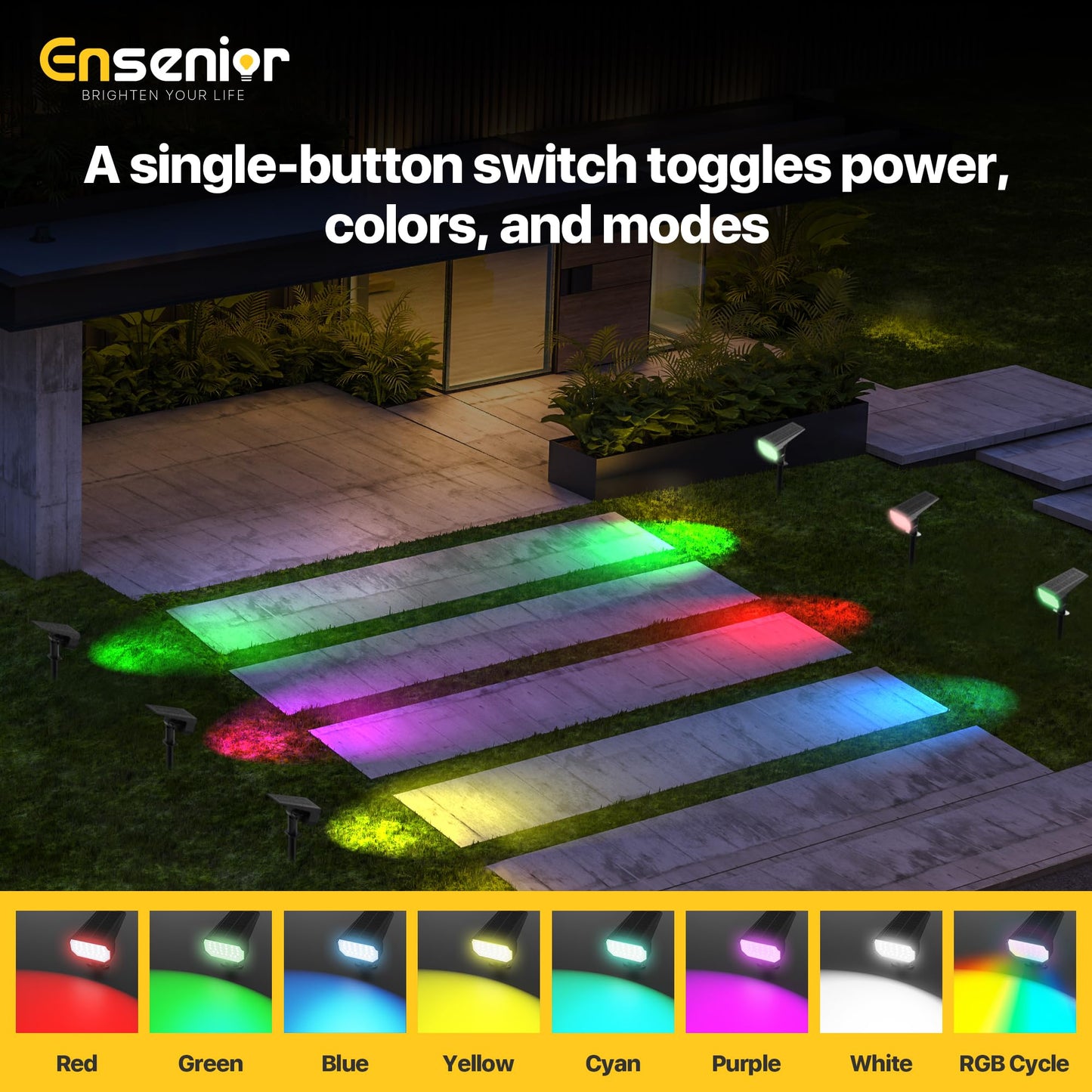 Ensenior Solar Spotlights Outdoor RGB Color Changing, 7+1 Modes, Automatic ON/OFF, Pack of 4, Waterproof Landscape Lighting