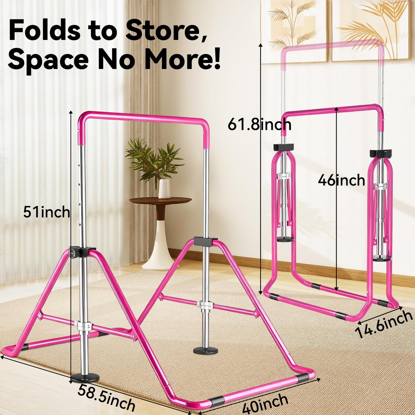 WATBKHE Kids Gymnastics Bar Gymnastic Equipment for Home Adjustable Height Gymnastic Training Bar Gymnastic Stuff for 3-7 Years Old Girls (Pink)