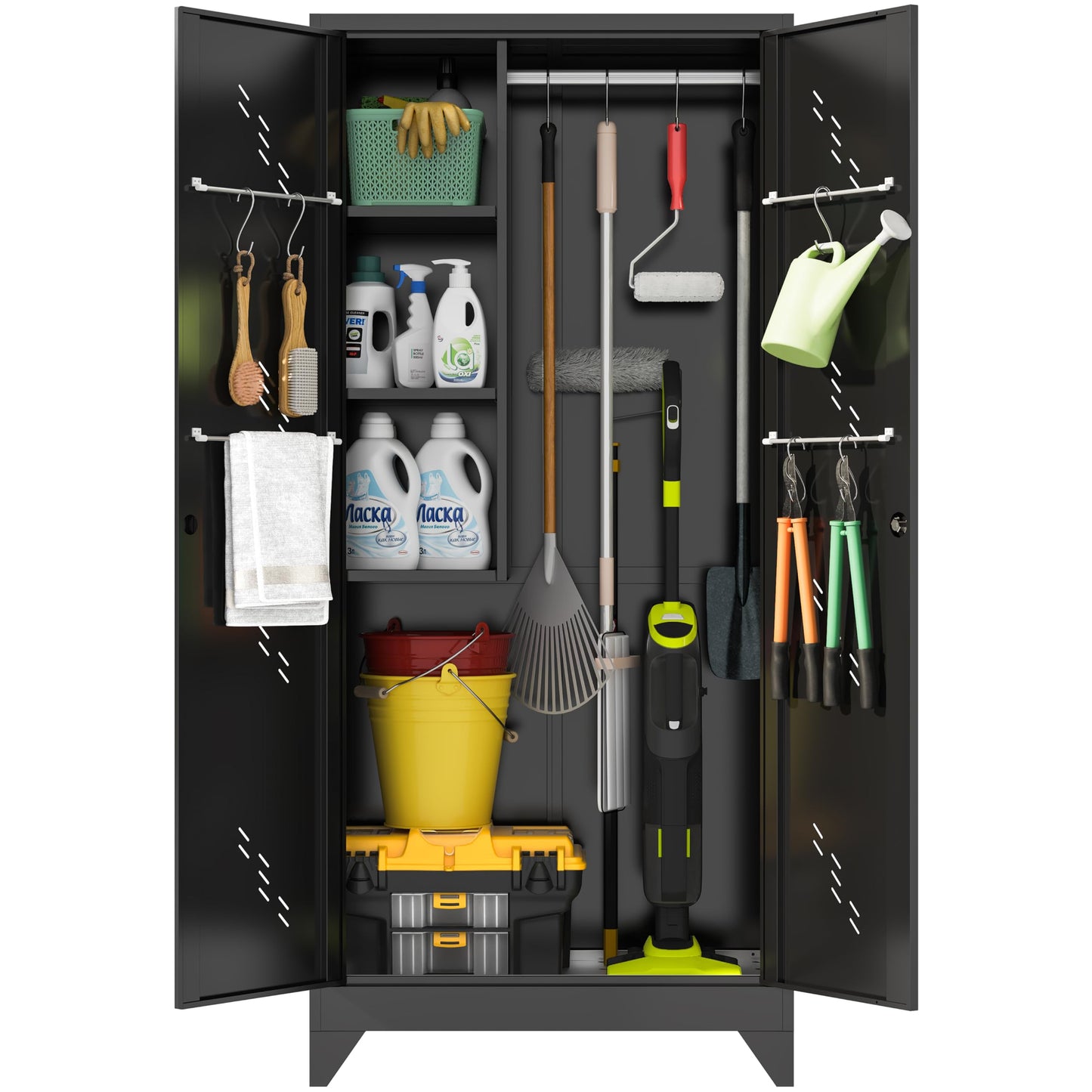 CBNTKI 75" Metal Garage Storage Cabinet, Cleaning Tool Storage Cabinet, Utility Garage Storage Broom Closet with Doors, Hanging Rod (Black, Door-2)