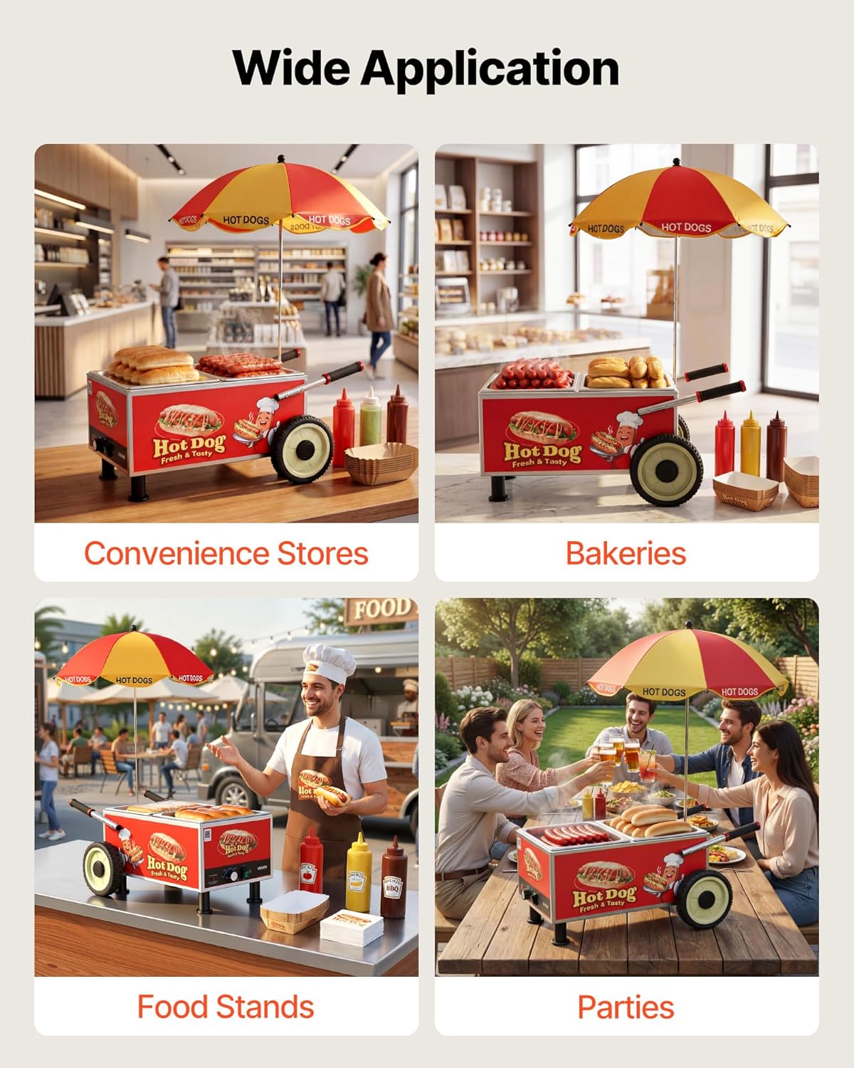 VEVOR Hot Dog Steamer Cart - 1200W Electric Stainless Steel Machine with Adjustable Temp & Umbrella