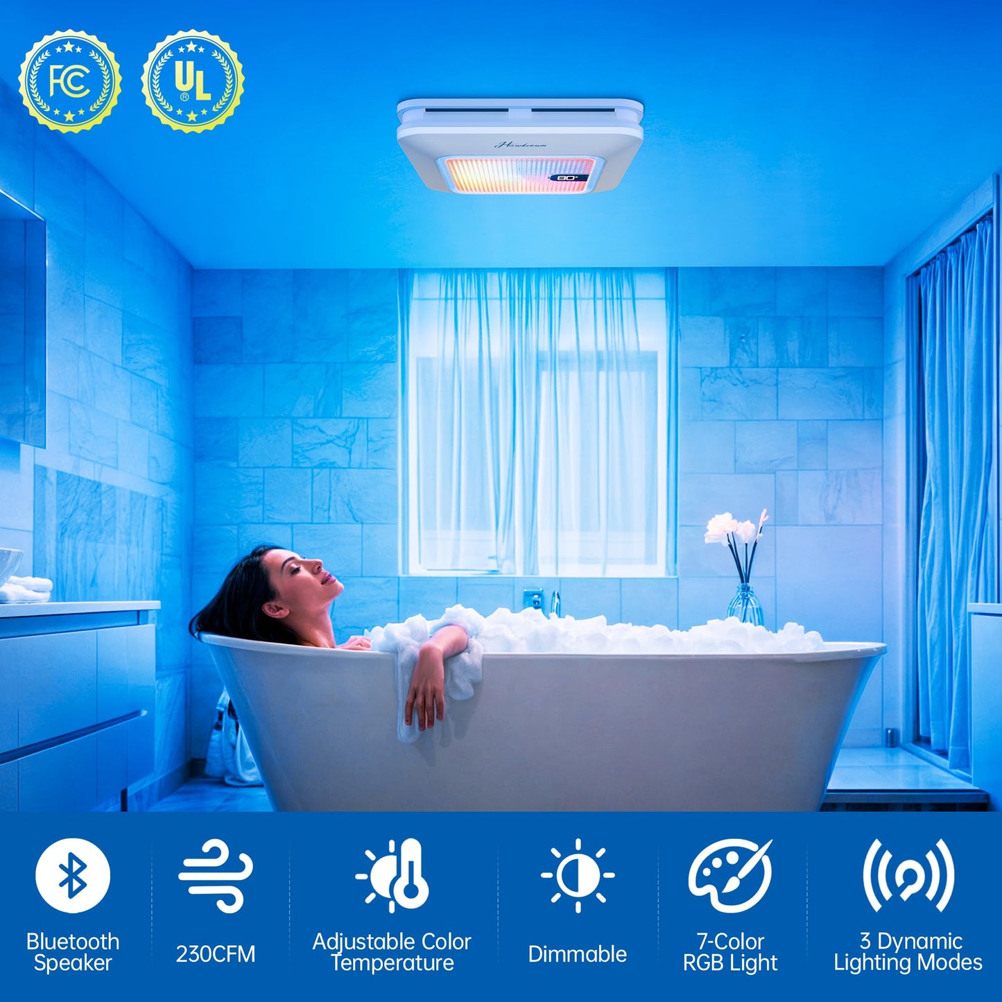 Hawkrown Bathroom Exhaust Fan with Bluetooth Speaker, 230 CFM 1.0 Sone Bathroom Exhaust Fan with Light, 3 Dynamic Light, 7 LED Color, 3 Color Temperatures, Nightlight,Remote, Easy Install